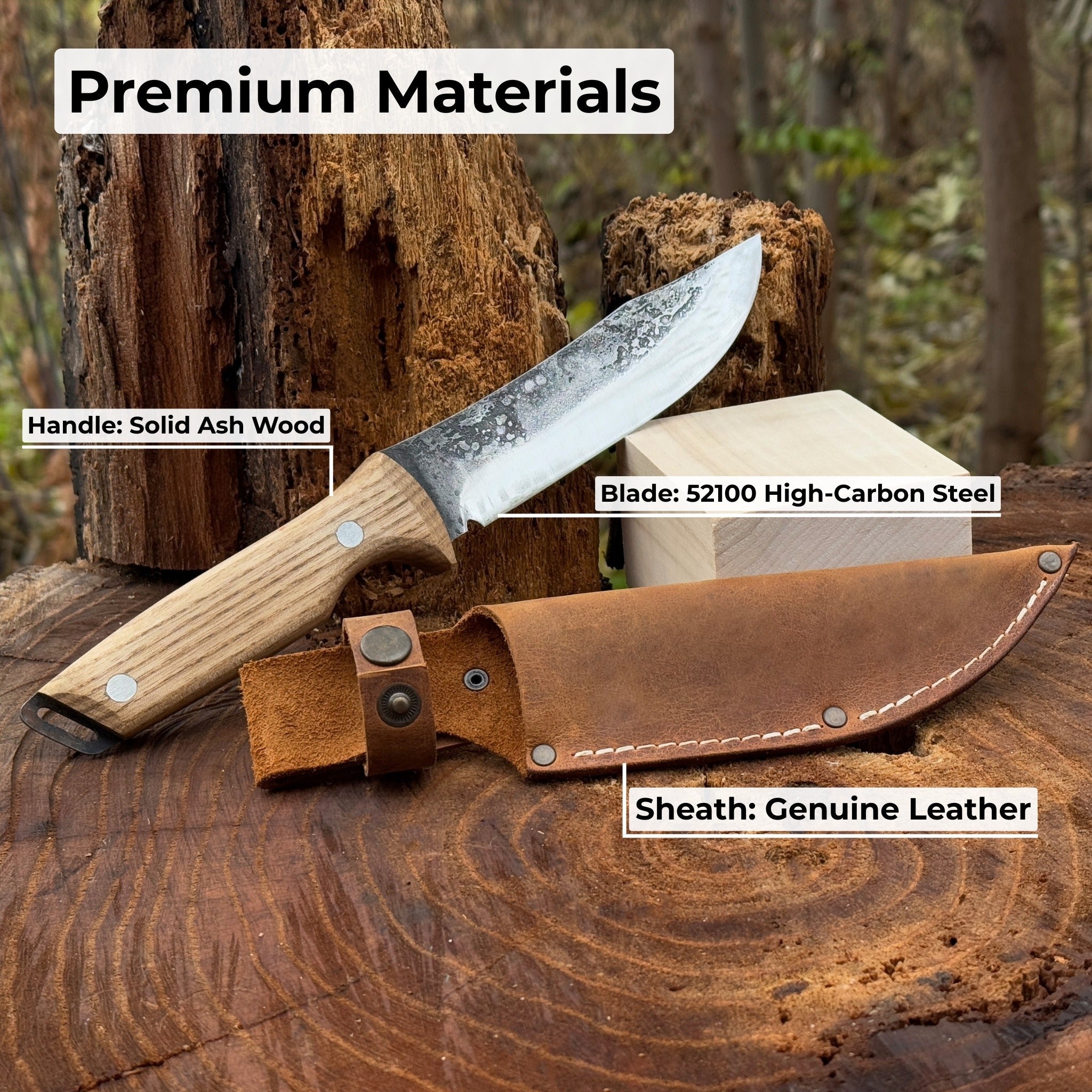 Hand-forged bushcraft knife with 12 cm carbon steel blade and ash wood handle by Sharky Forged Steel Tools
