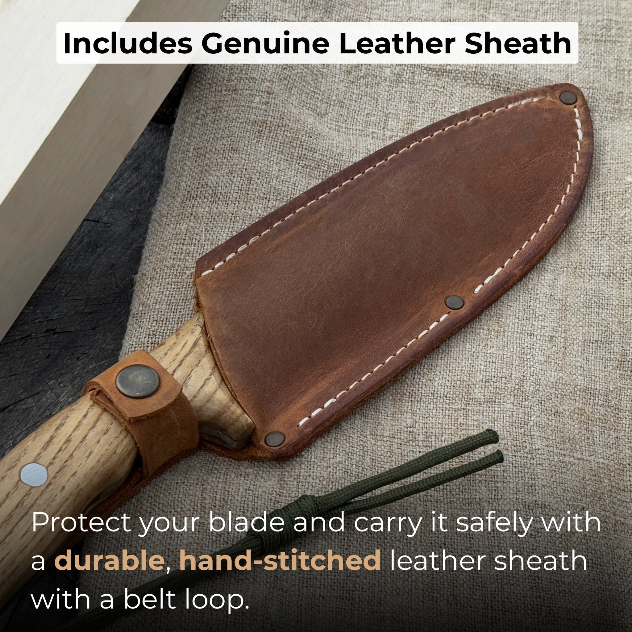 Hand-forged bushcraft knife with carbon steel blade and ash wood handle
