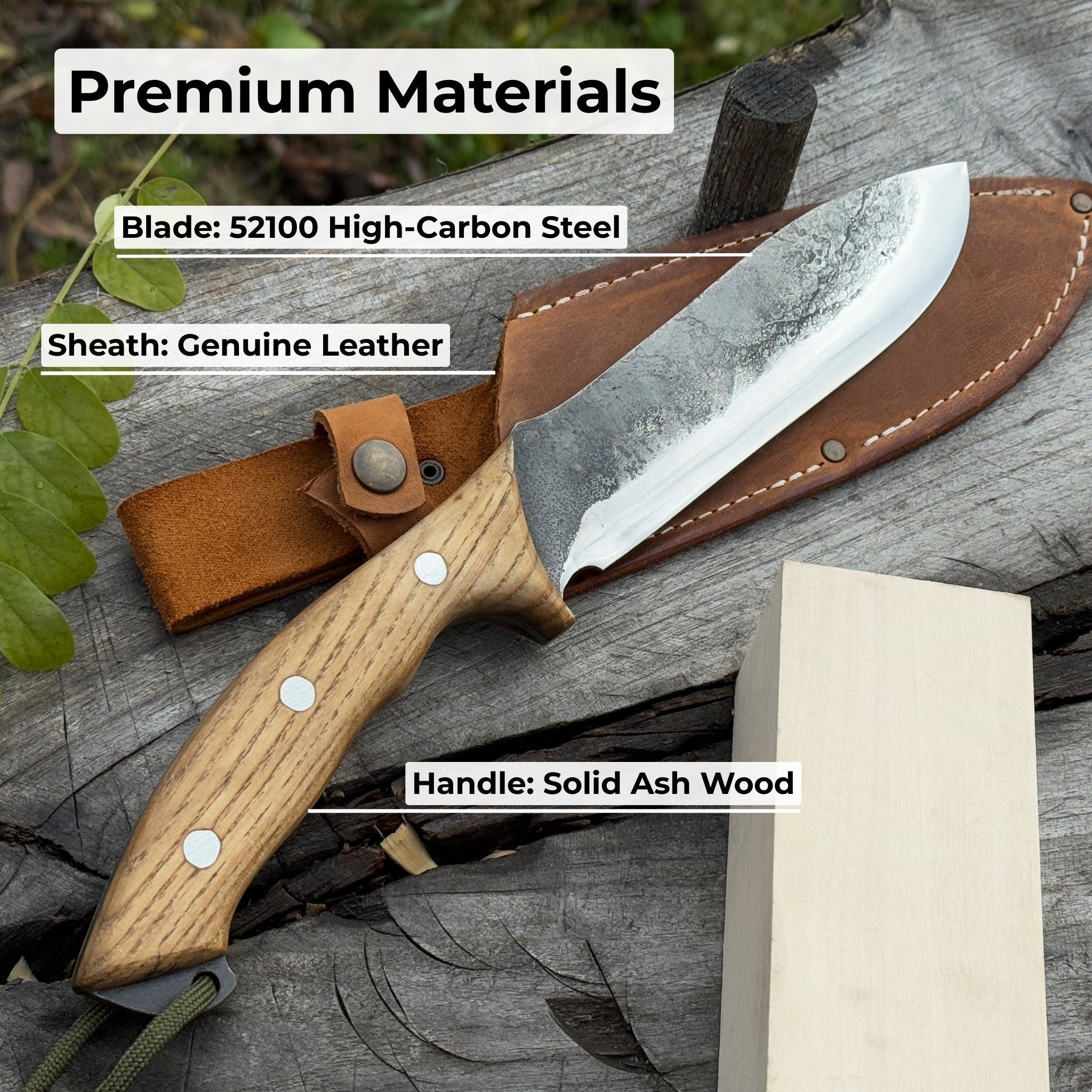 Hand-forged bushcraft knife with carbon steel blade and ash wood handle
