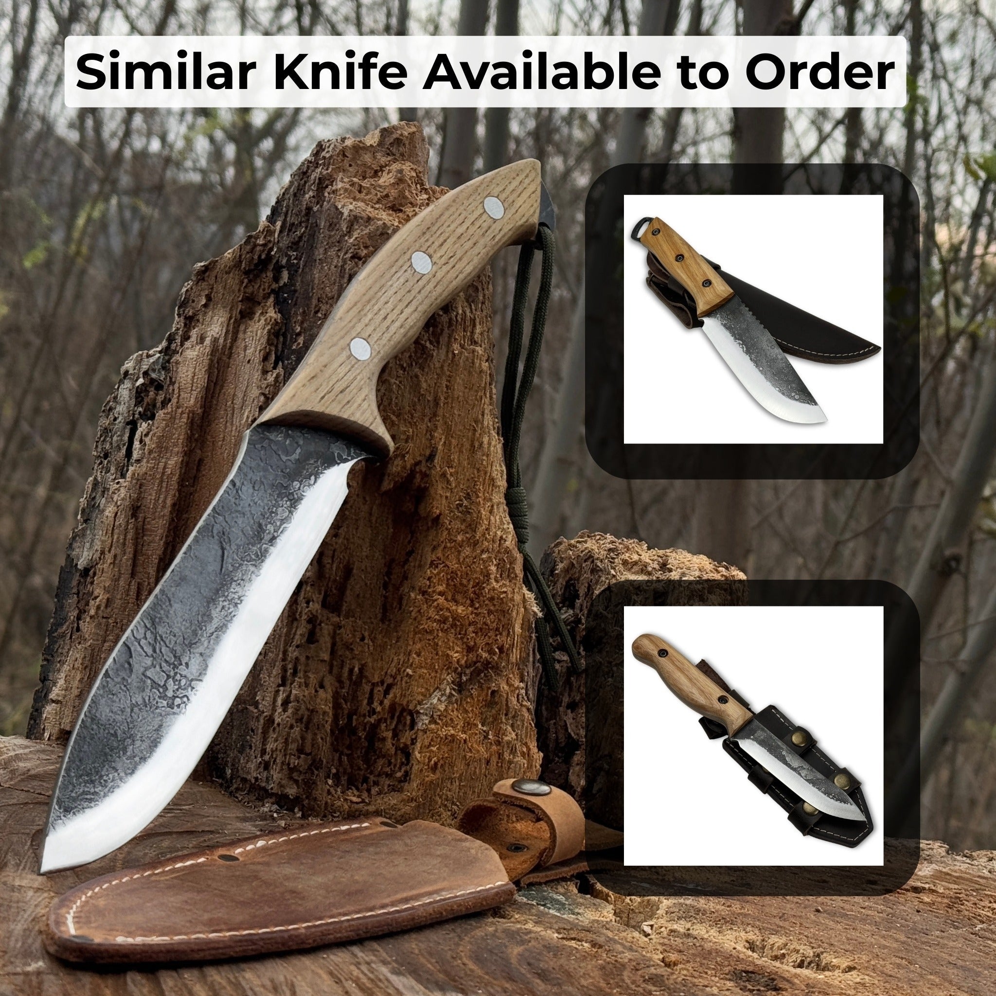 Hand-forged bushcraft knife with carbon steel blade and ash wood handle