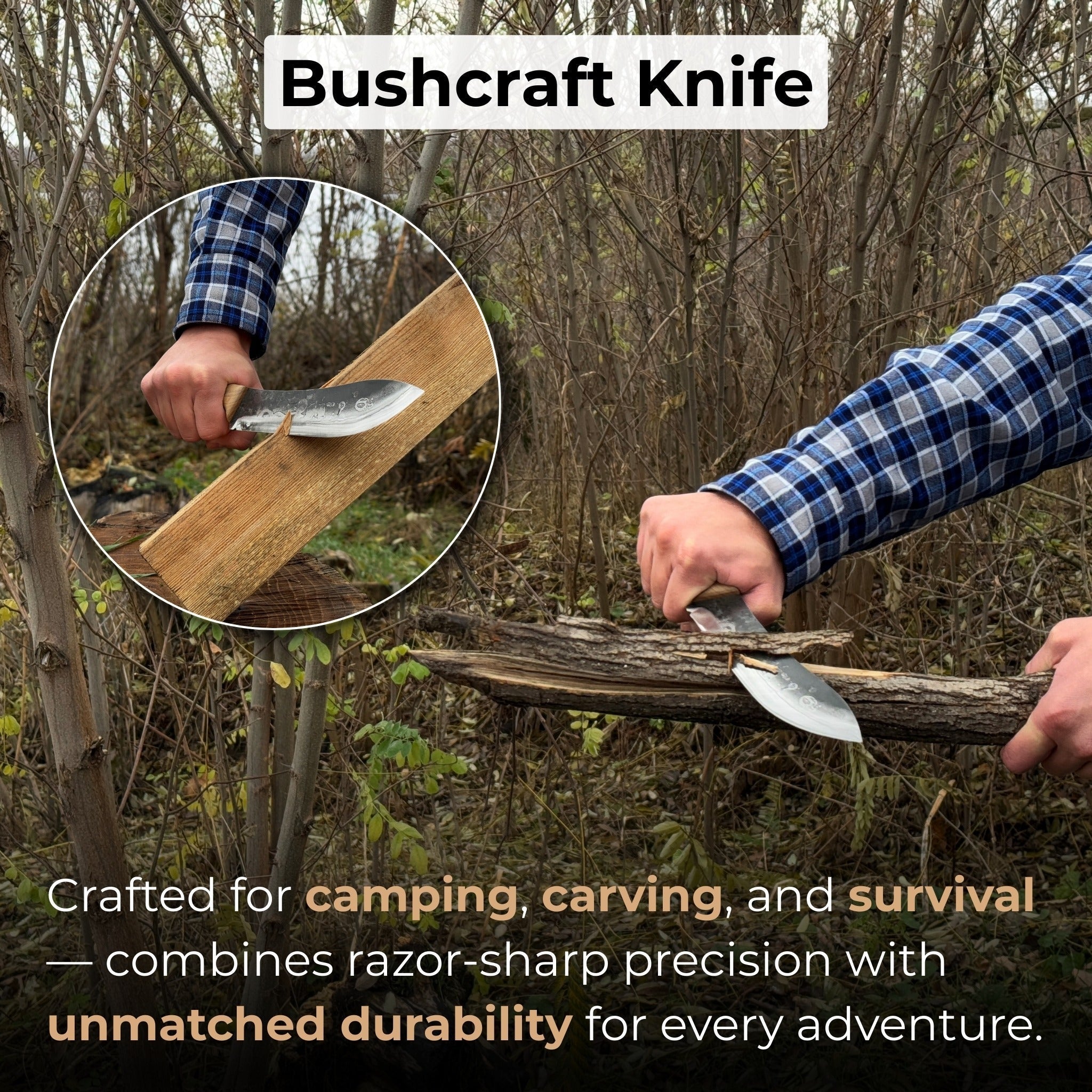 Hand-forged bushcraft knife with 17 cm carbon steel blade and ash wood handle, accompanied by leather sheath