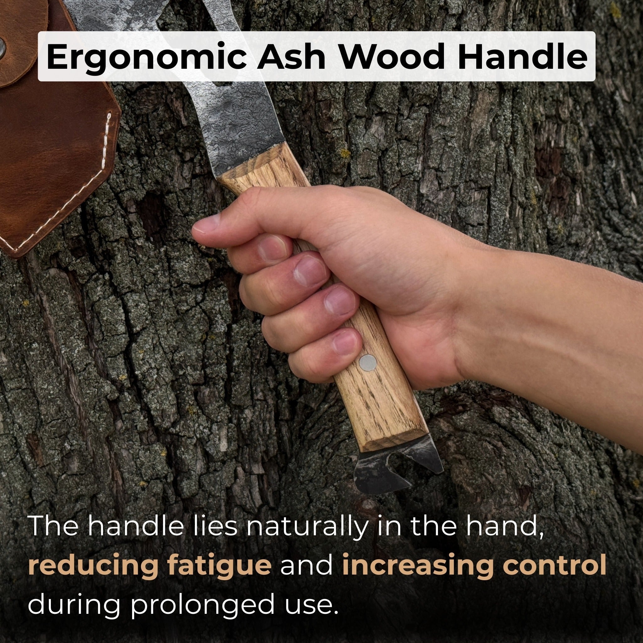 Hand-forged camping chopping axe with ash wood handle and leather sheath