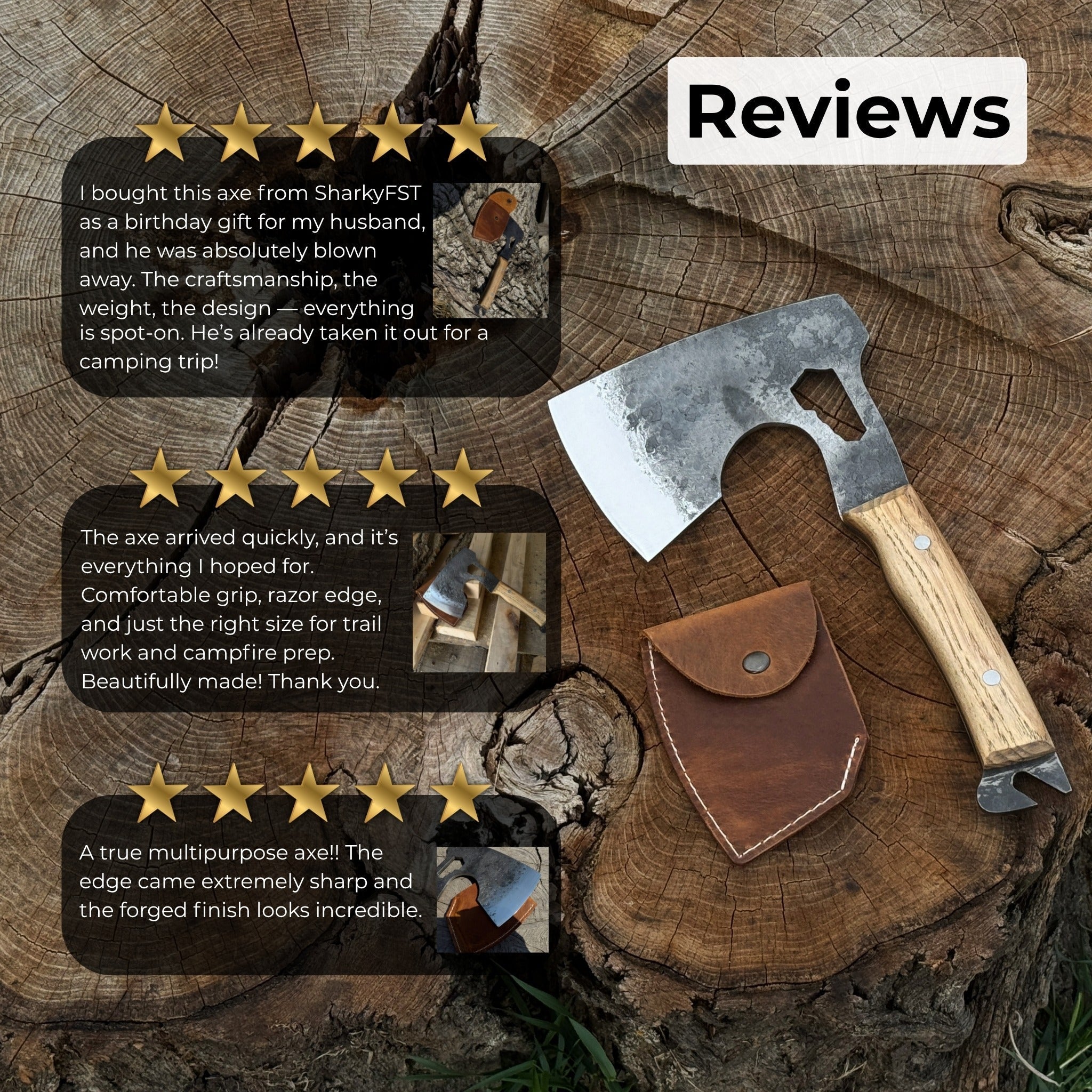 Hand-forged camping chopping axe with ash wood handle and leather sheath