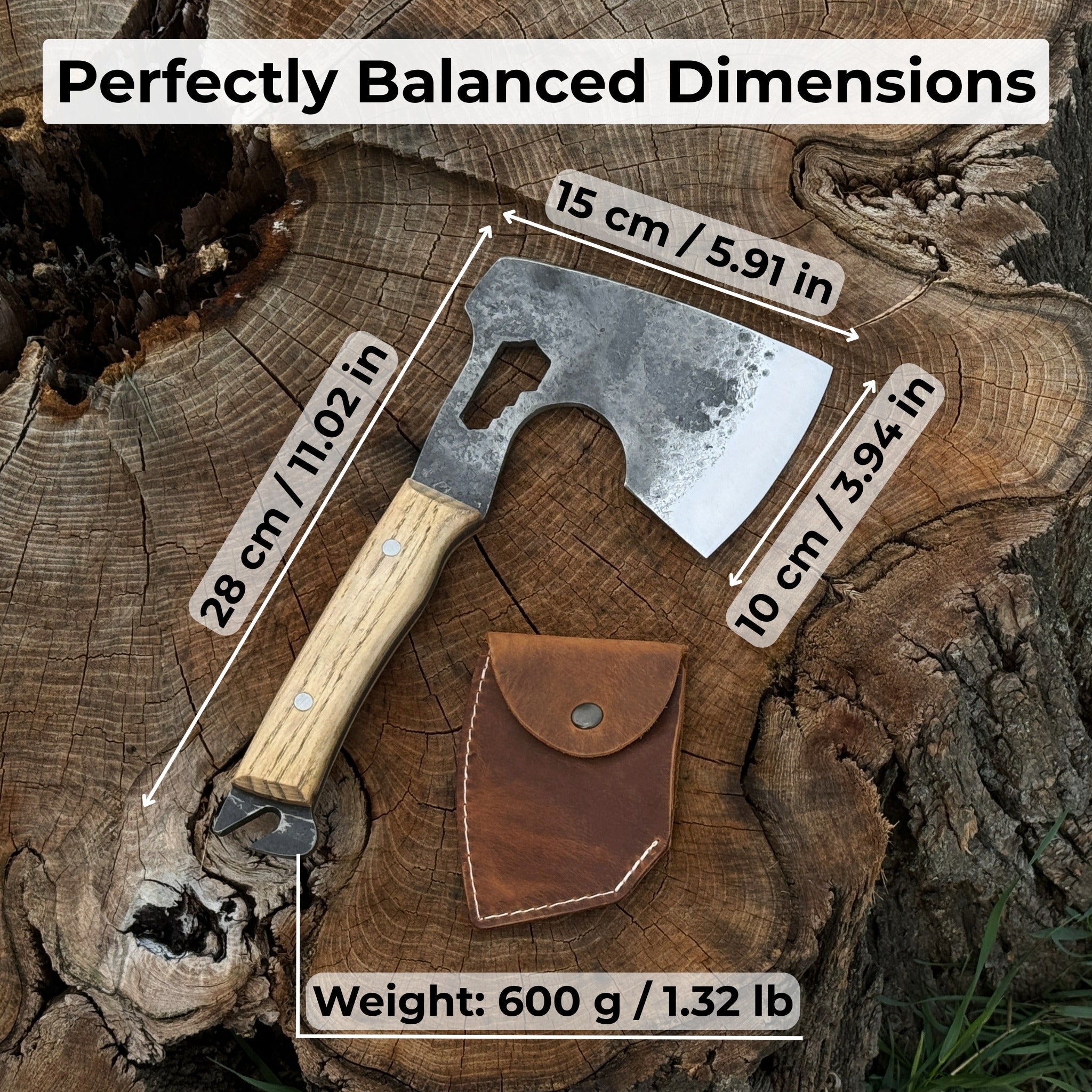 Hand-forged camping chopping axe with ash wood handle and leather sheath