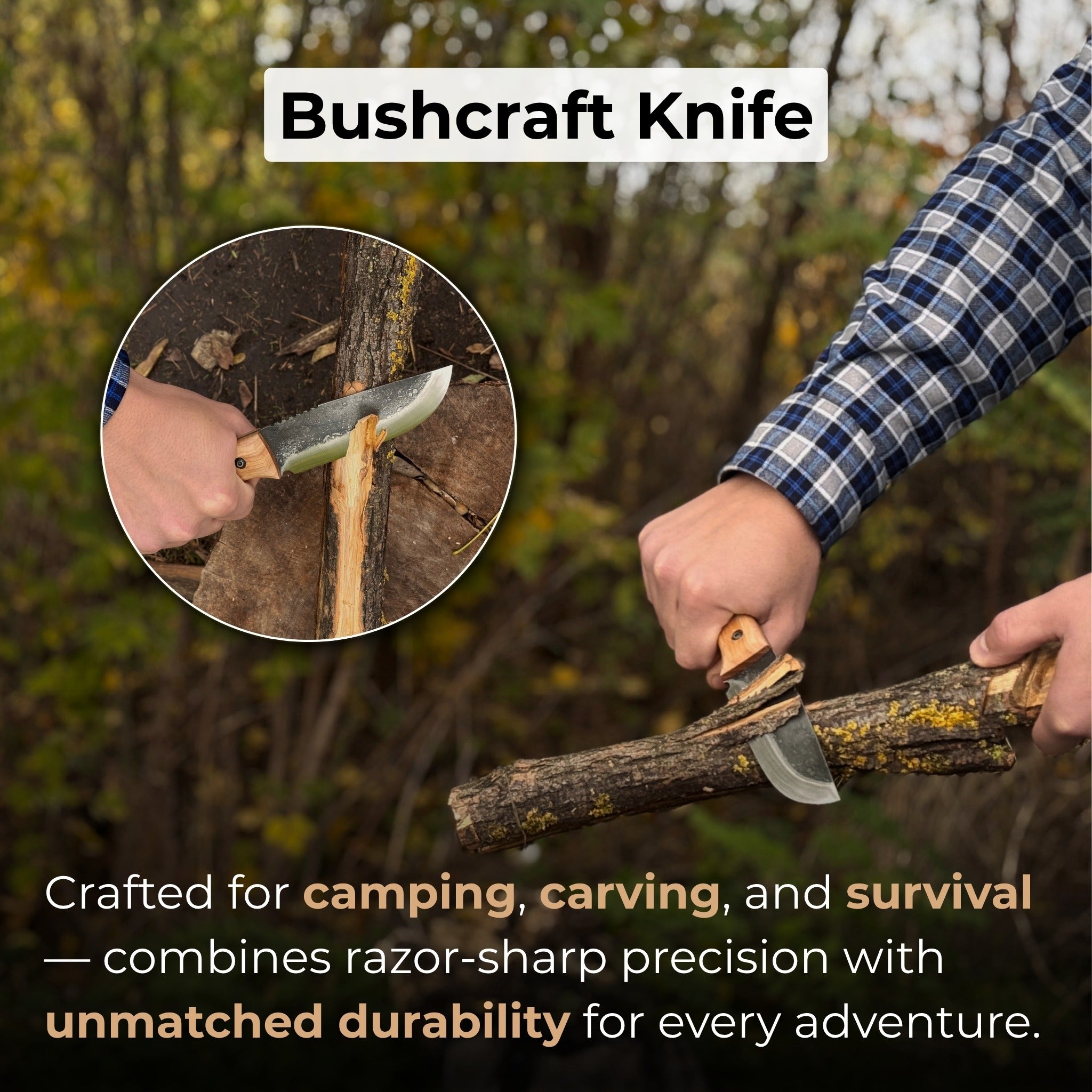 Hand-forged camping knife with 12.5 cm carbon steel blade and ash wood handle, with leather sheath