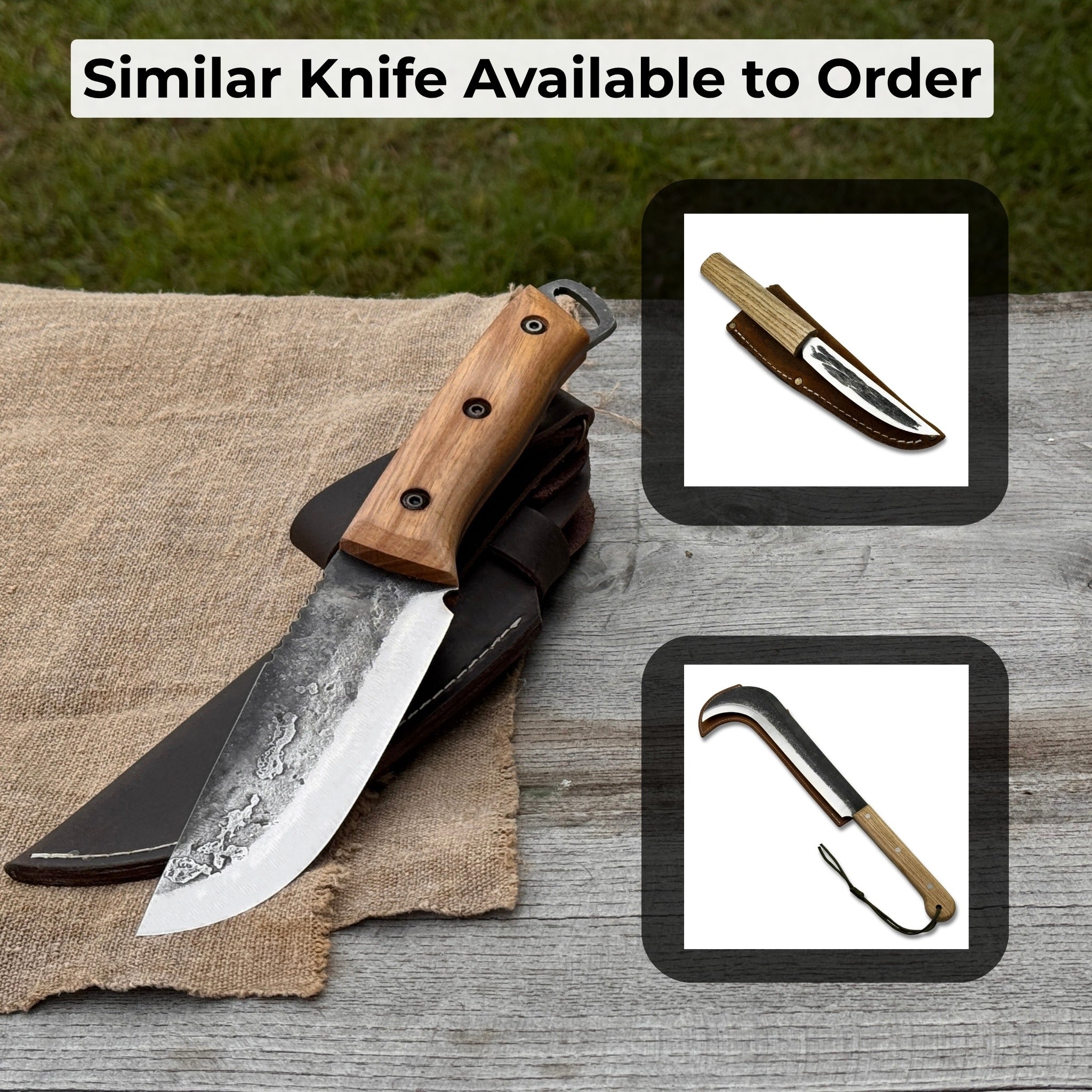 Hand-forged camping knife with 12.5 cm carbon steel blade and ash wood handle, with leather sheath