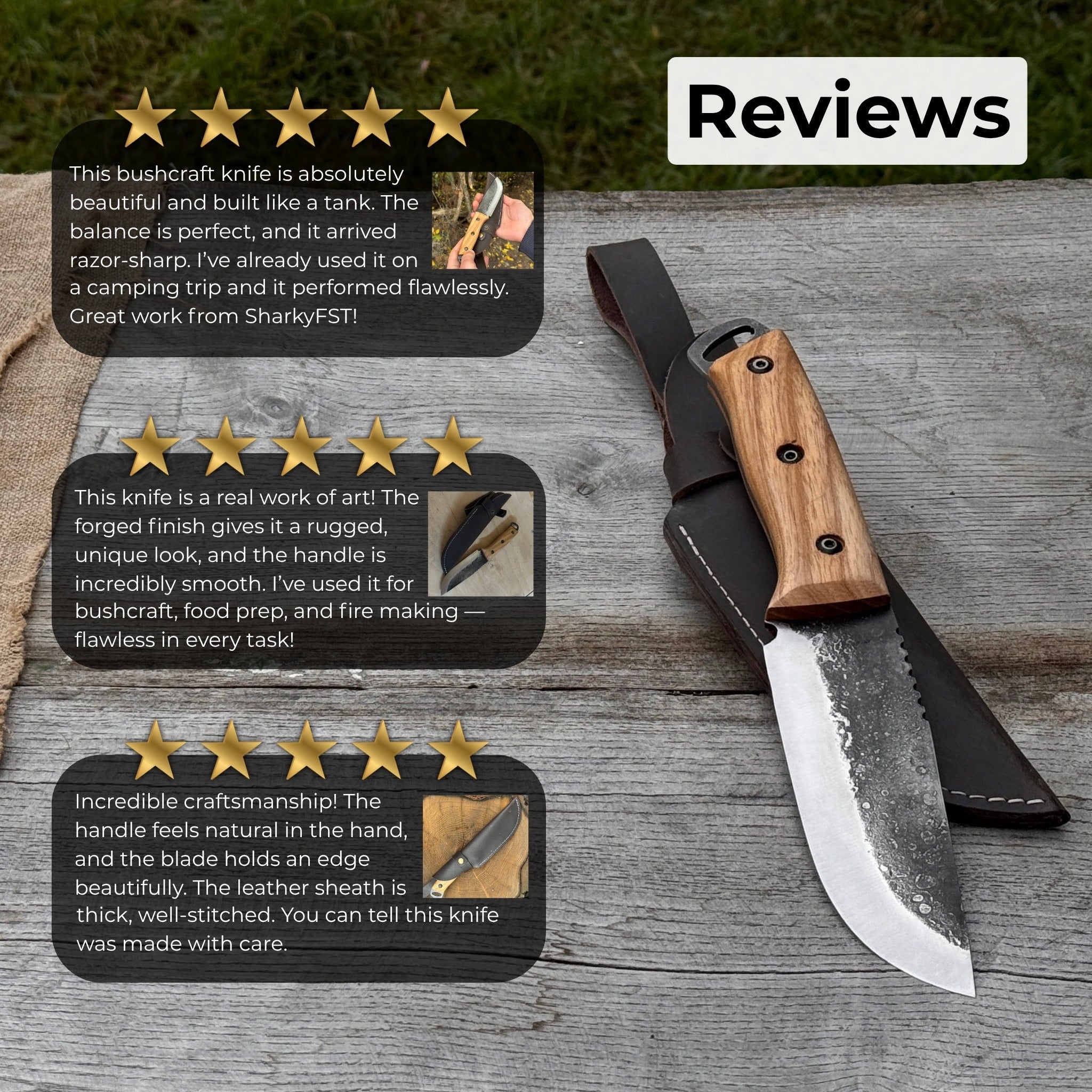 Hand-forged camping knife with 12.5 cm carbon steel blade and ash wood handle, with leather sheath