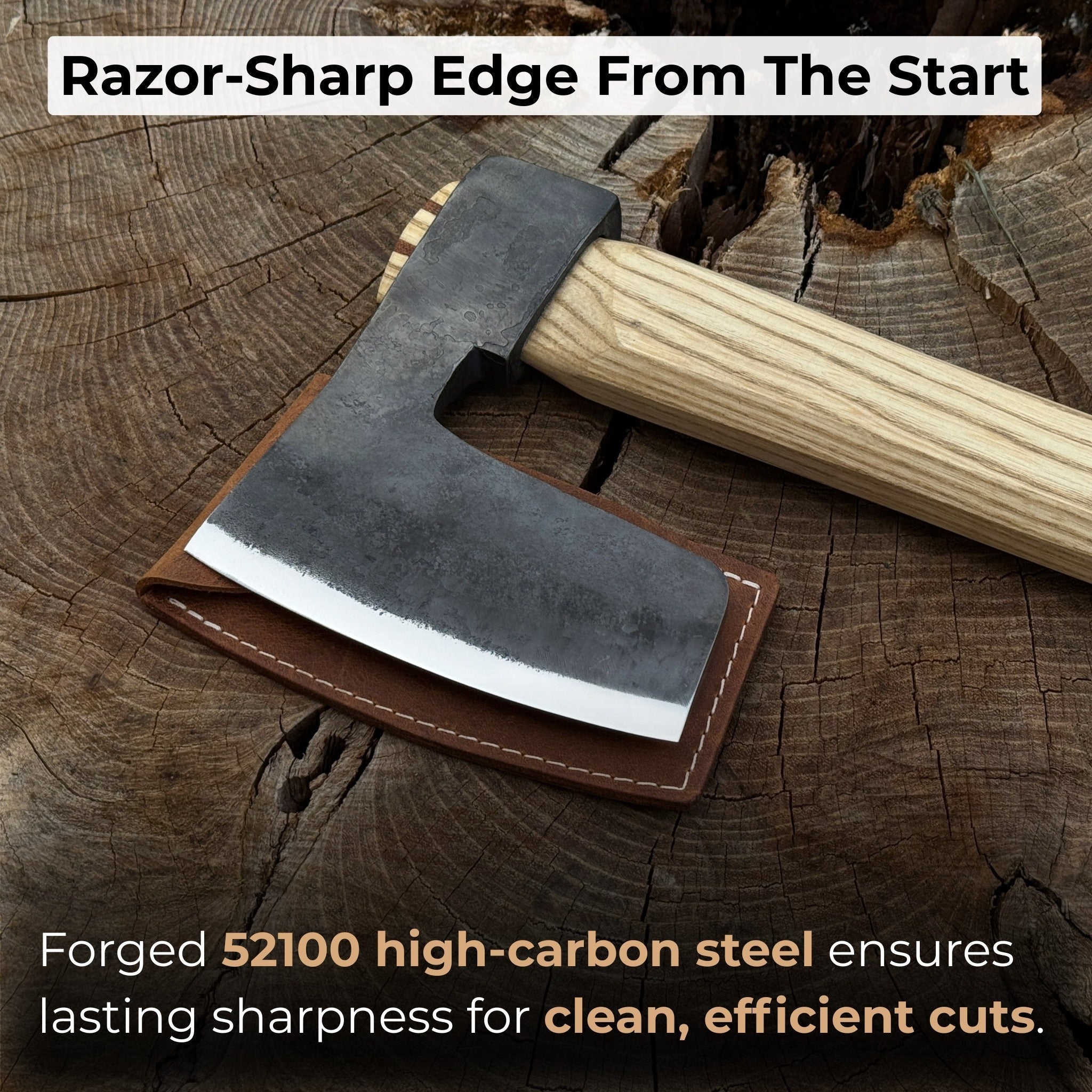 Hand-forged carpenter's axe with leather sheath and ash wood handle