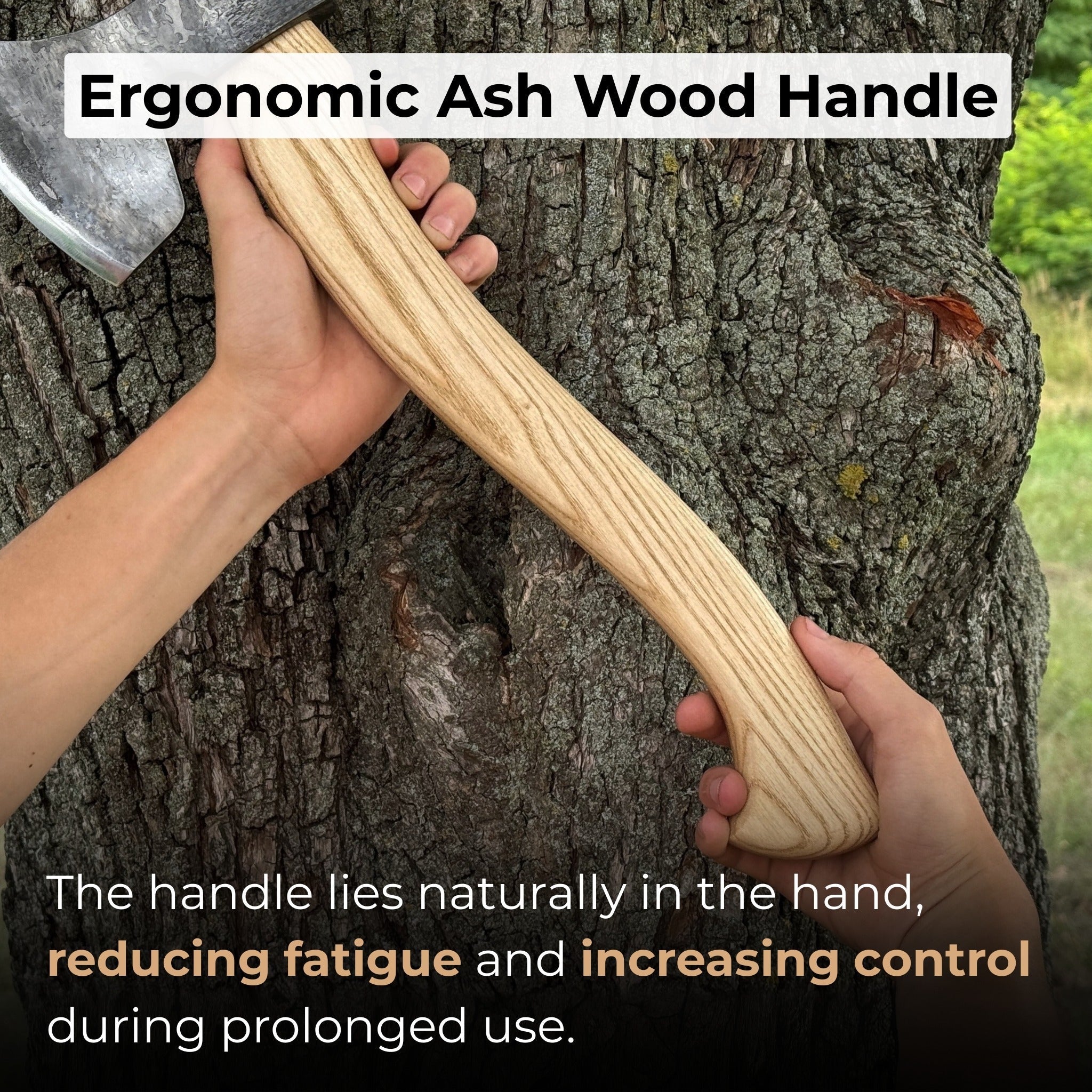 Hand-forged carving axe with ash wood handle and leather sheath
