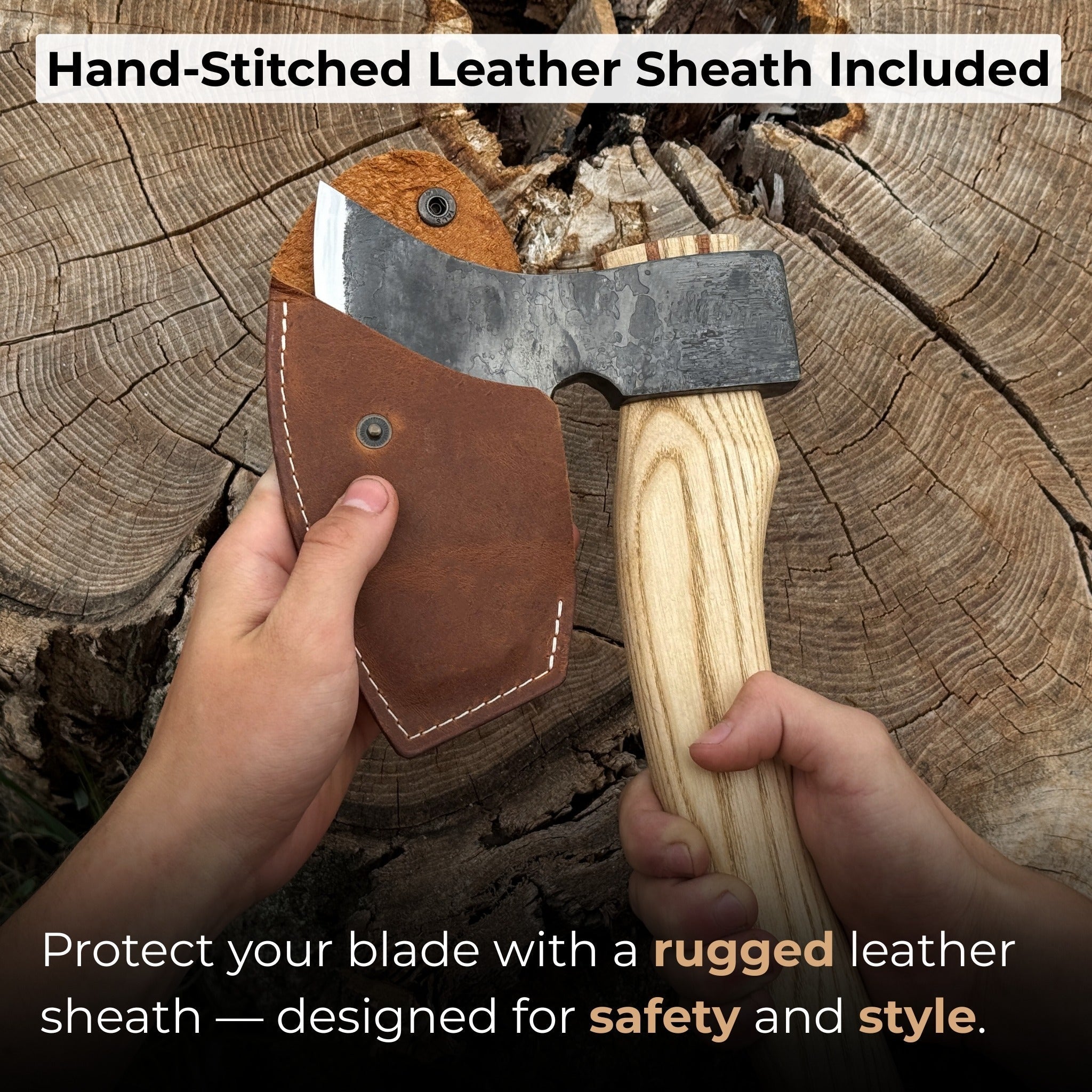 Hand-forged carving axe with ash wood handle and leather sheath