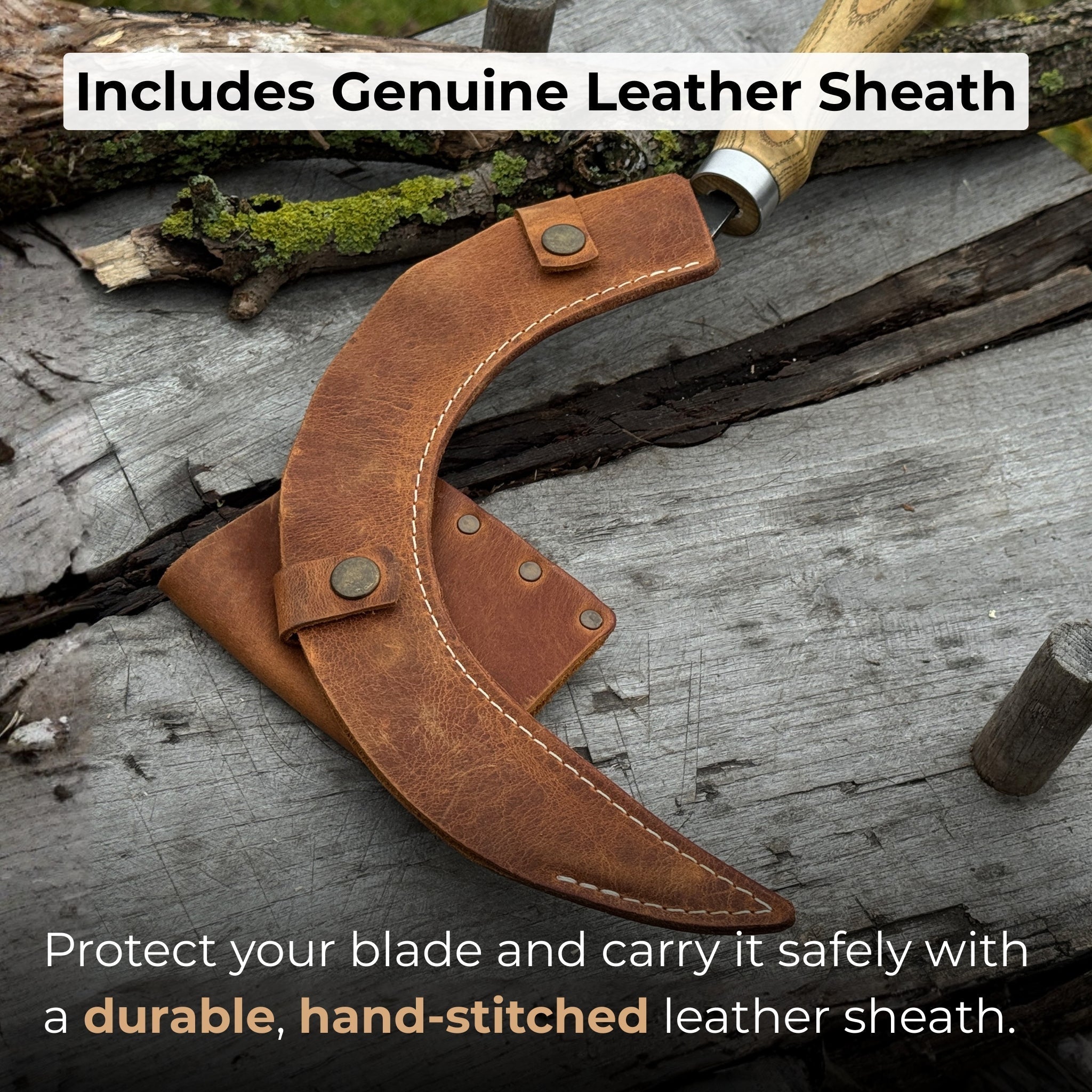 Hand-forged large sickle with 19 cm curved blade and leather belt sheath
