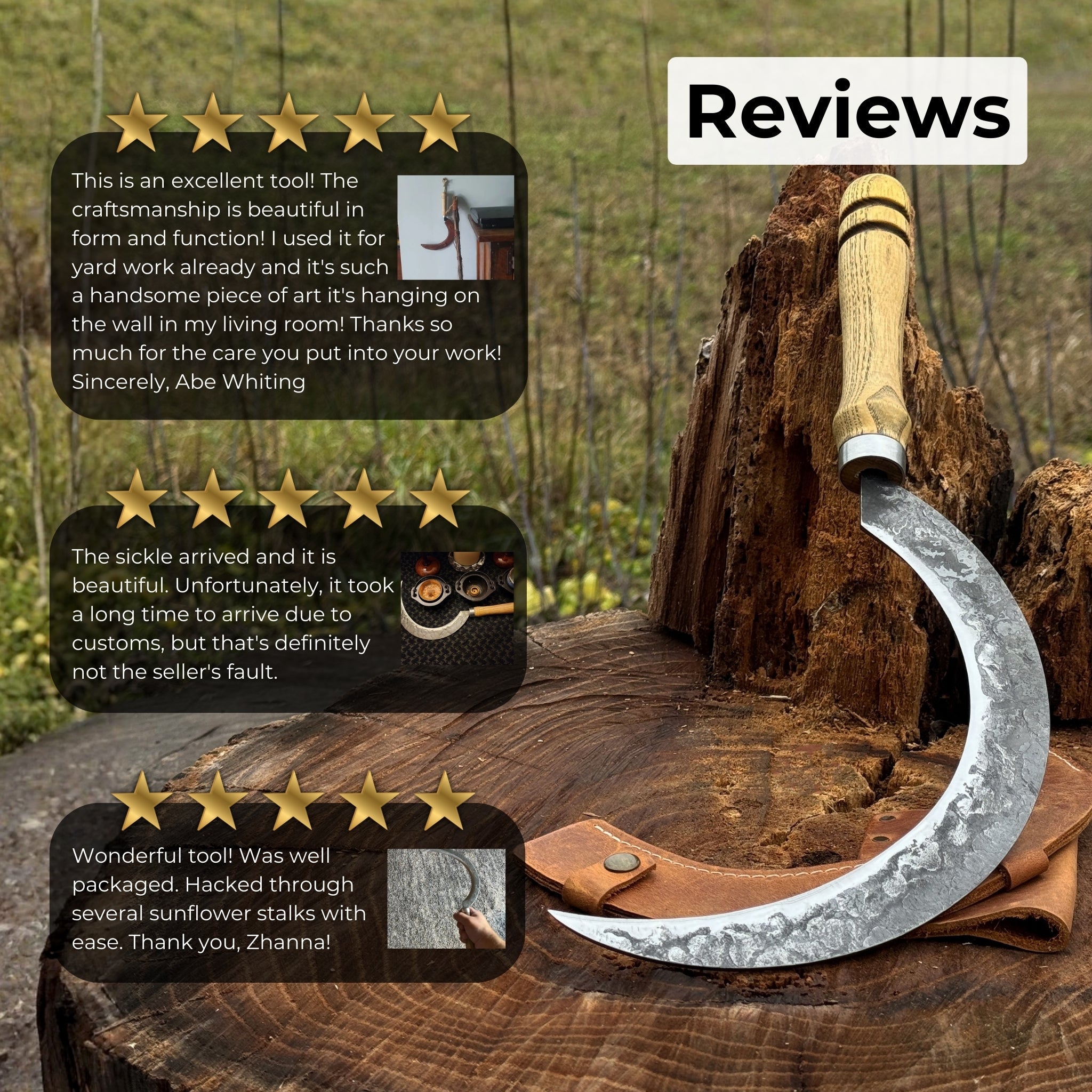 Hand-forged large sickle with 19 cm curved blade and leather belt sheath