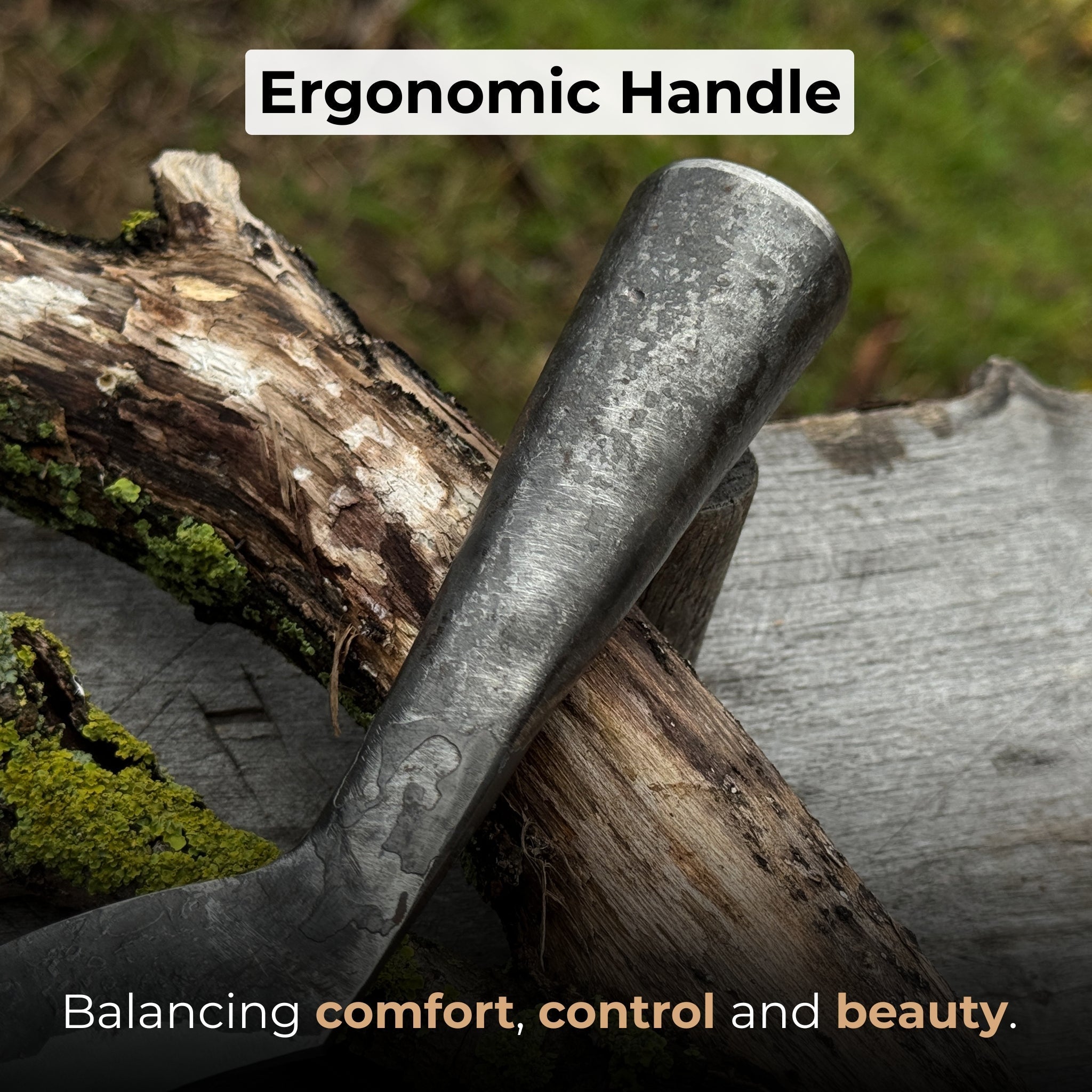 Hand-forged large sickle with 19 cm carbon steel blade and ergonomic handle