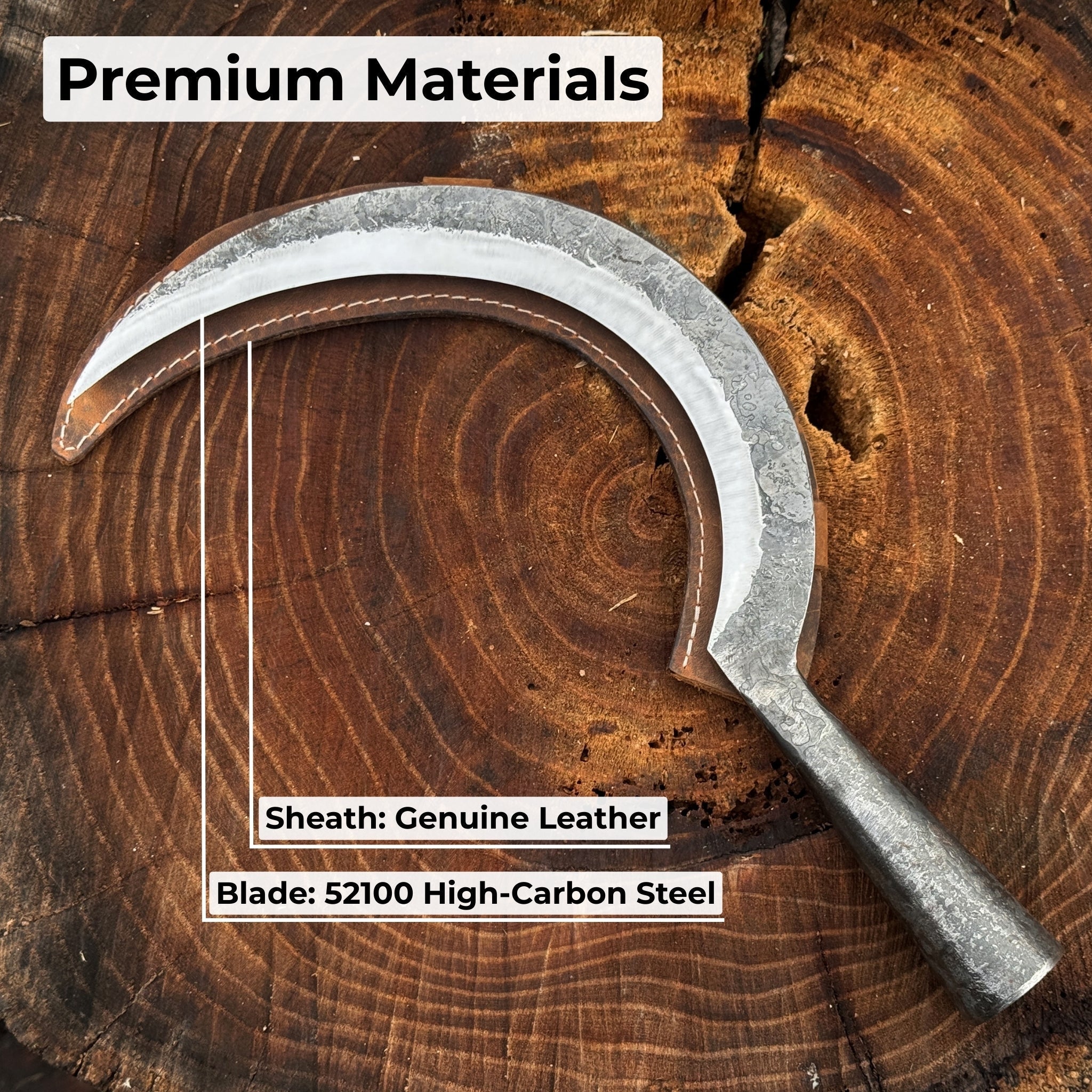 Hand-forged large sickle with 19 cm carbon steel blade and ergonomic handle