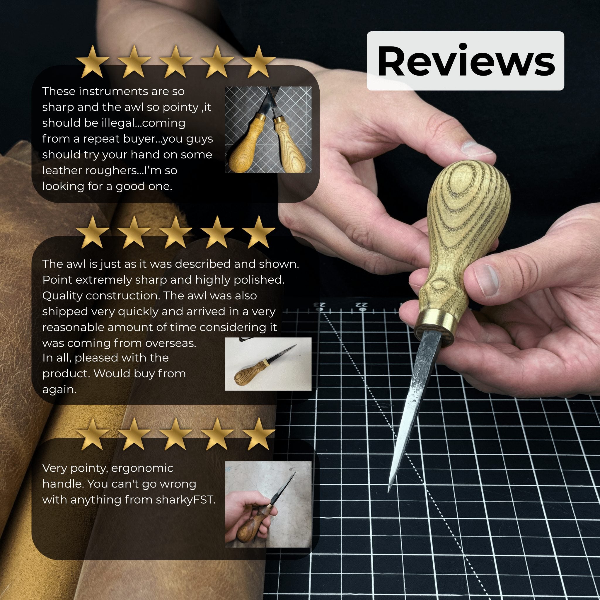 Hand-Forged Leather Awl with ash wood handle and high-carbon steel blade