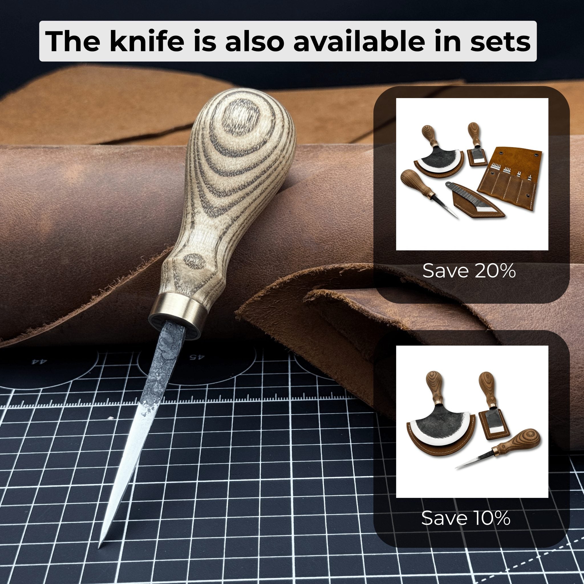 Hand-Forged Leather Awl with ash wood handle and high-carbon steel blade