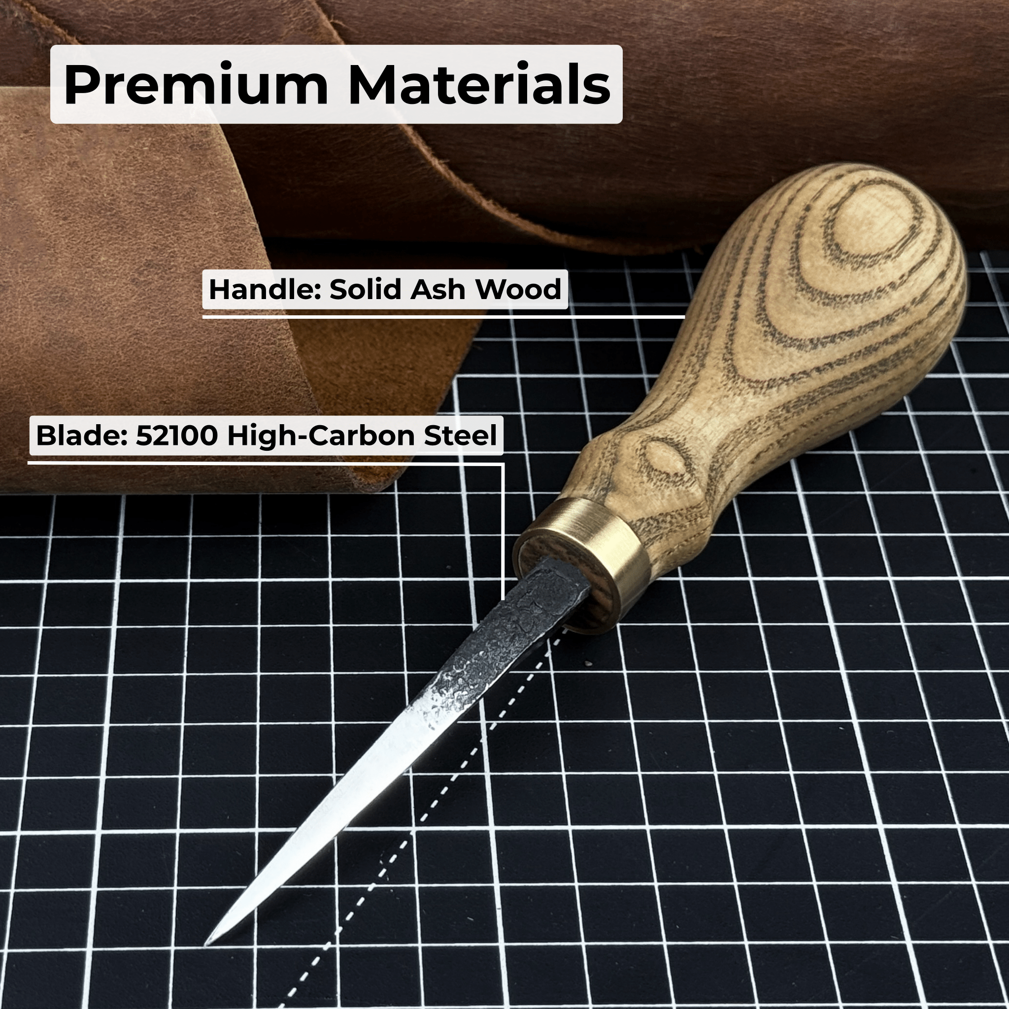 Hand-Forged Leather Awl with ash wood handle and high-carbon steel blade