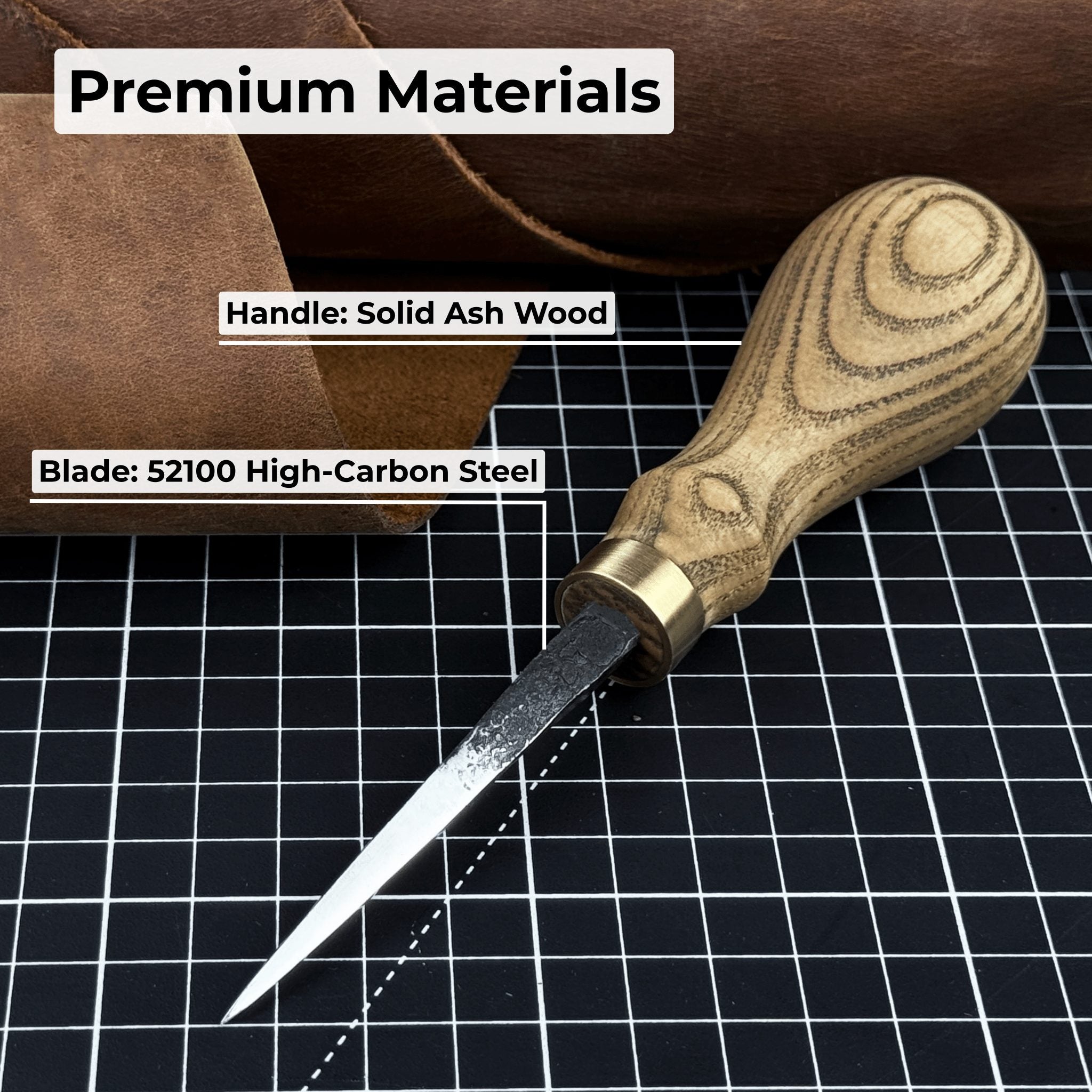 Hand-Forged Leather Awl with ash wood handle and high-carbon steel blade