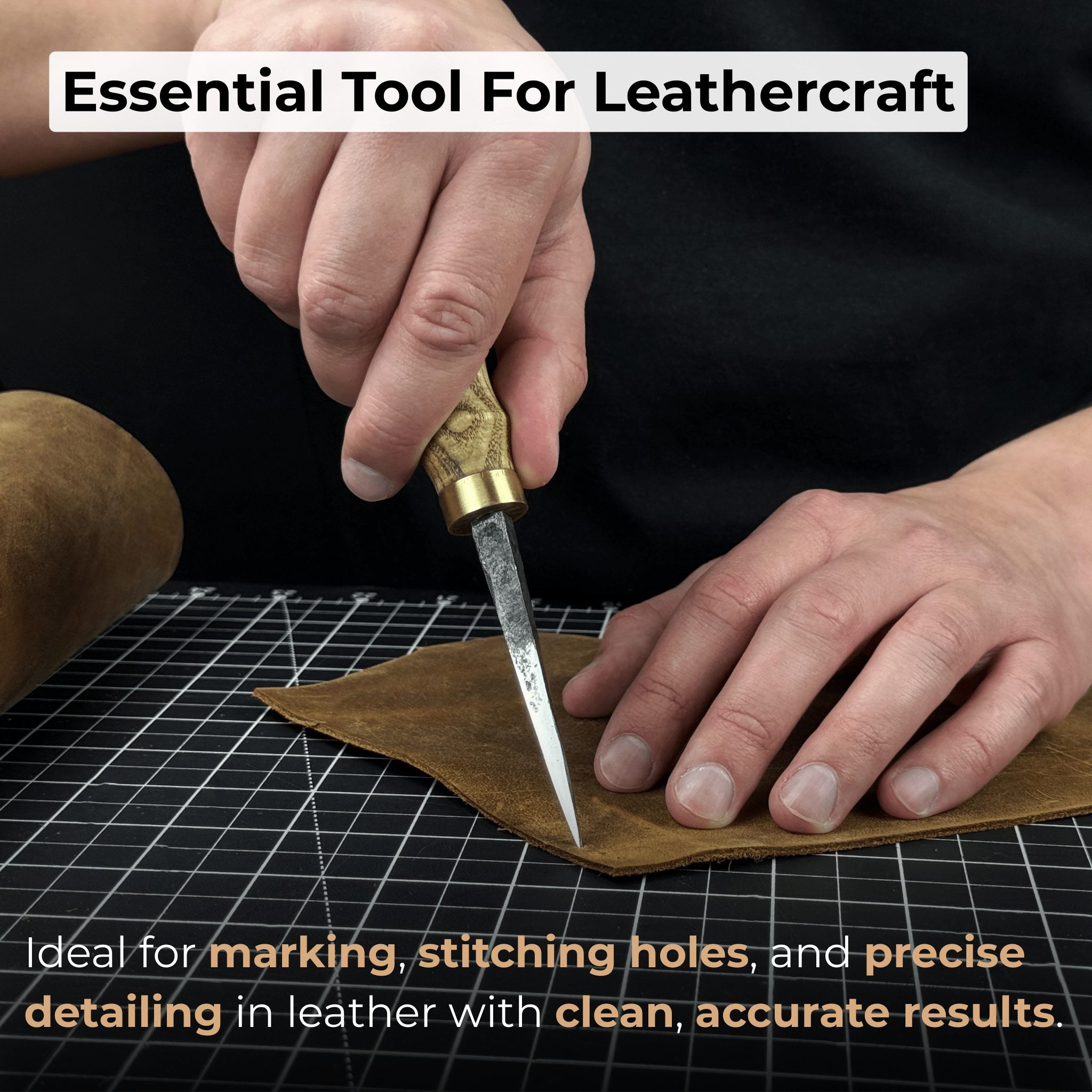 Hand-Forged Leather Awl with ash wood handle and high-carbon steel blade