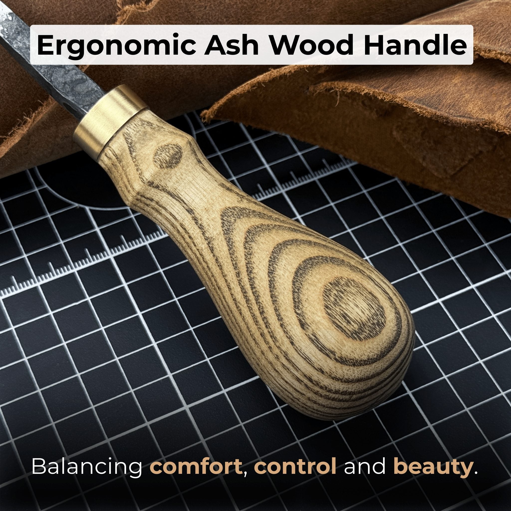Hand-Forged Leather Awl with ash wood handle and high-carbon steel blade