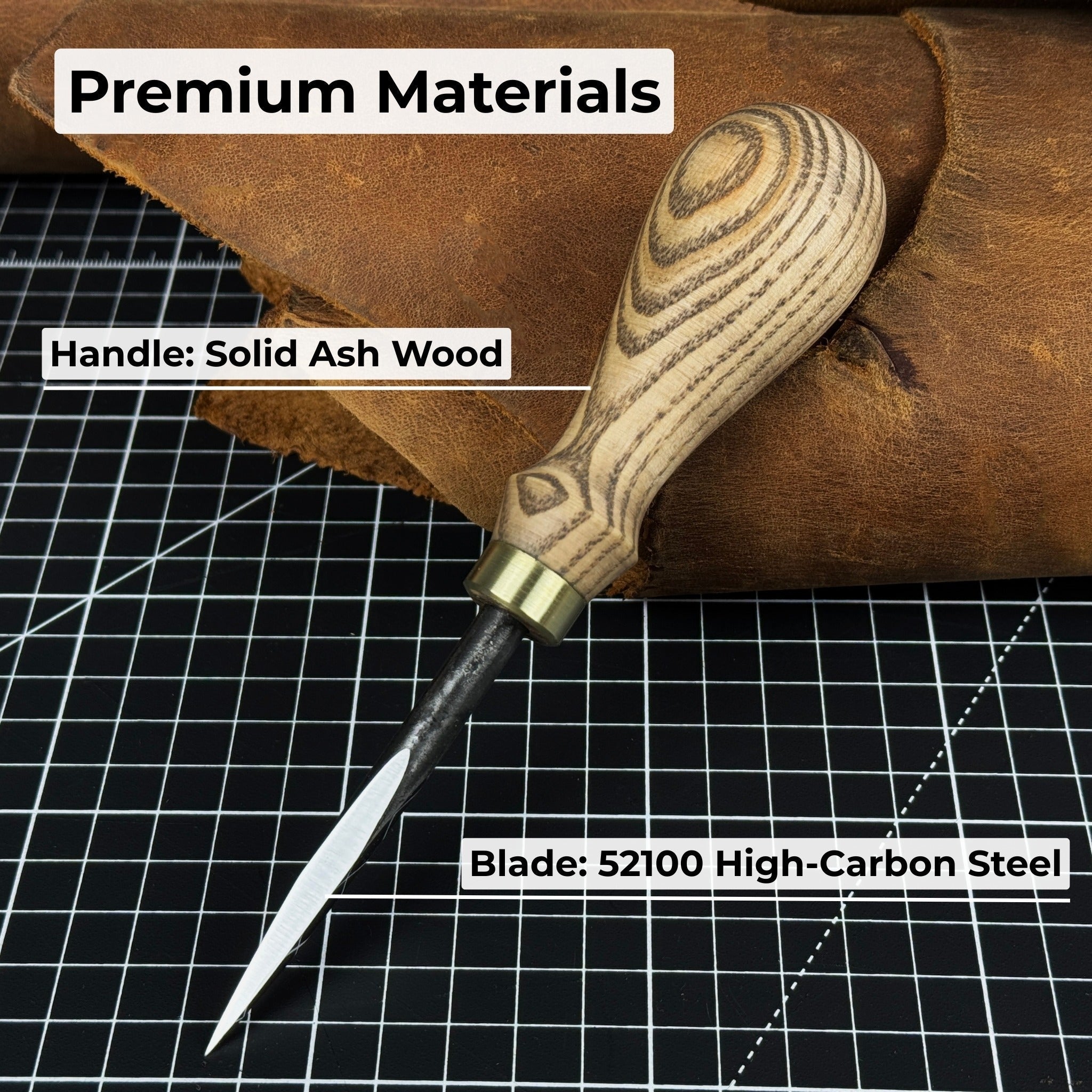 Hand-forged leather awl with ash wood handle by Sharky Forged Steel Tools