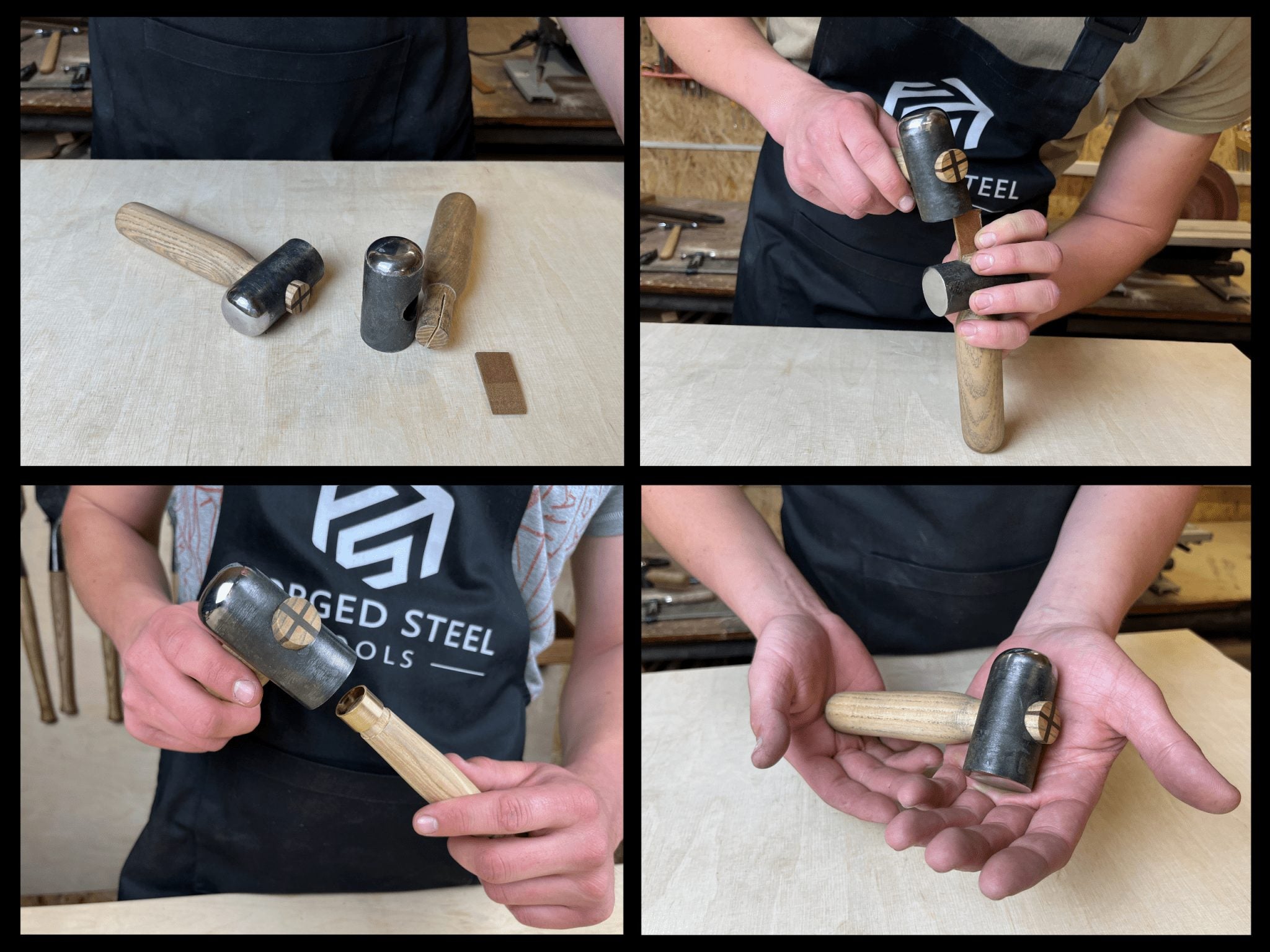Hand-forged leather hammer with carbon steel head and ash wood handle