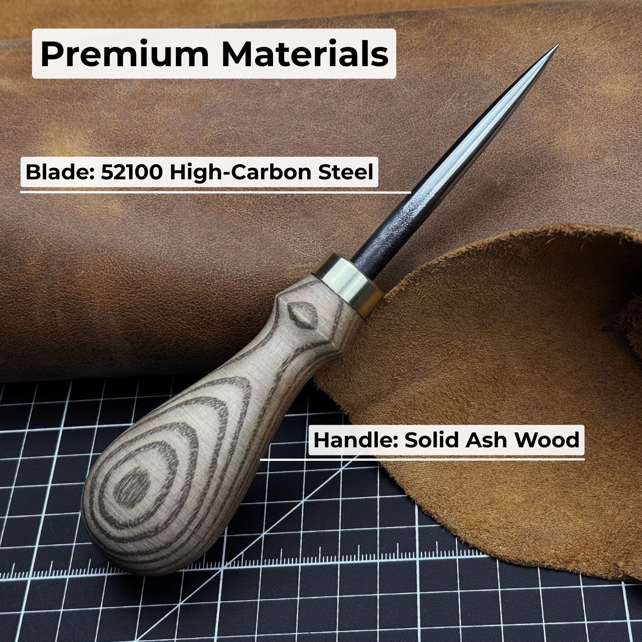 Hand-forged leatherworking awl with ash wood handle by Sharky Forged Steel Tools