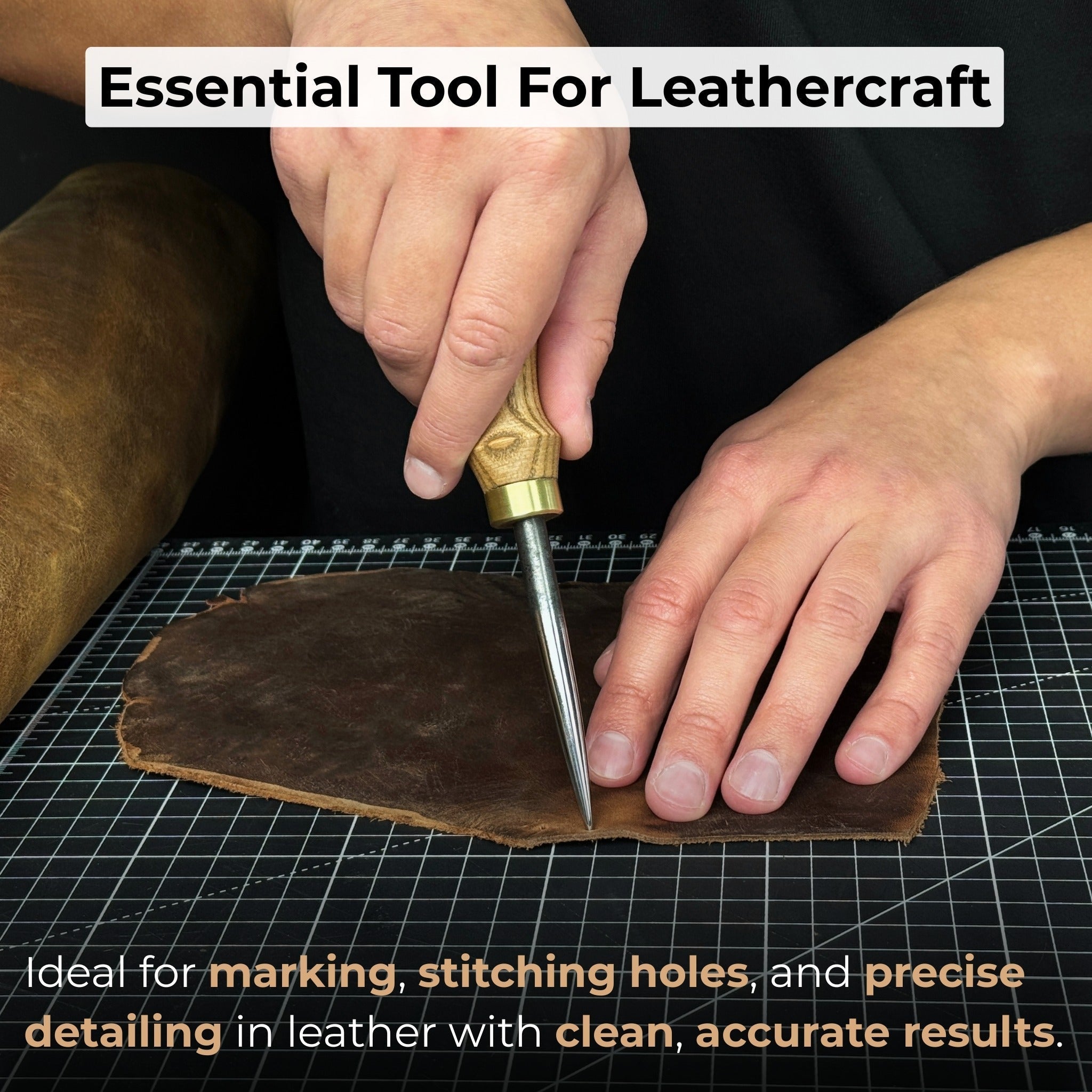 Hand-forged leatherworking awl with ash wood handle by Sharky Forged Steel Tools