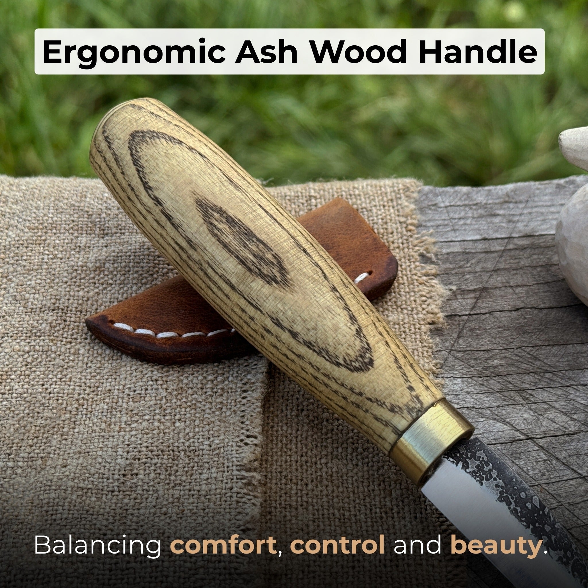 Hand-Forged Roughing Knife with 5 cm blade and ash wood handle by Sharky Forged Steel Tools