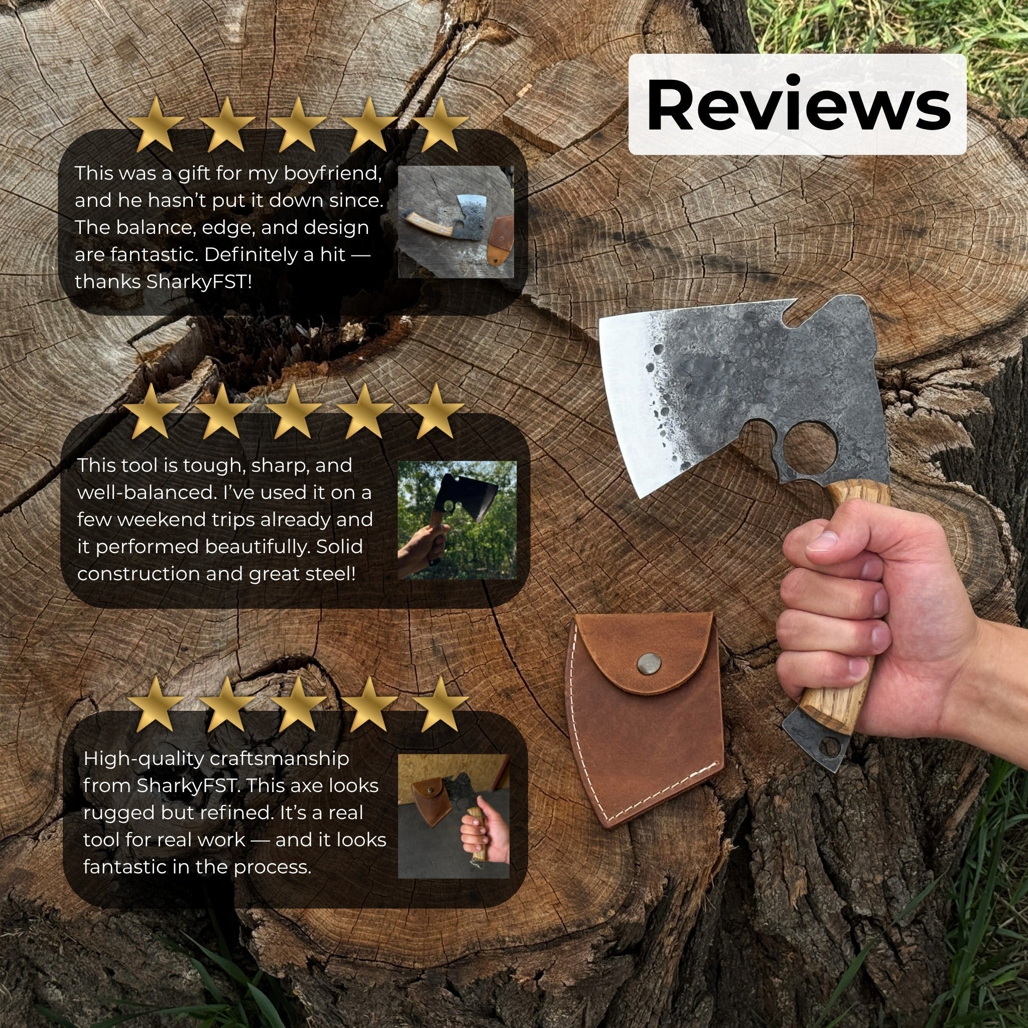 Hand-forged small camping axe with curved ash wood handle and leather sheath