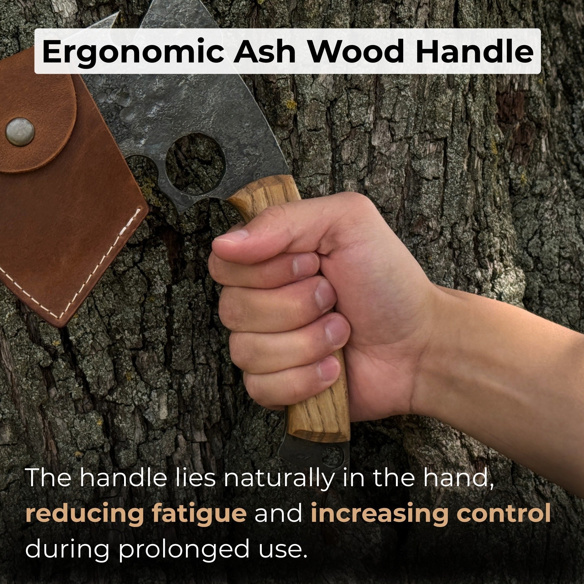 Hand-forged small camping axe with curved ash wood handle and leather sheath