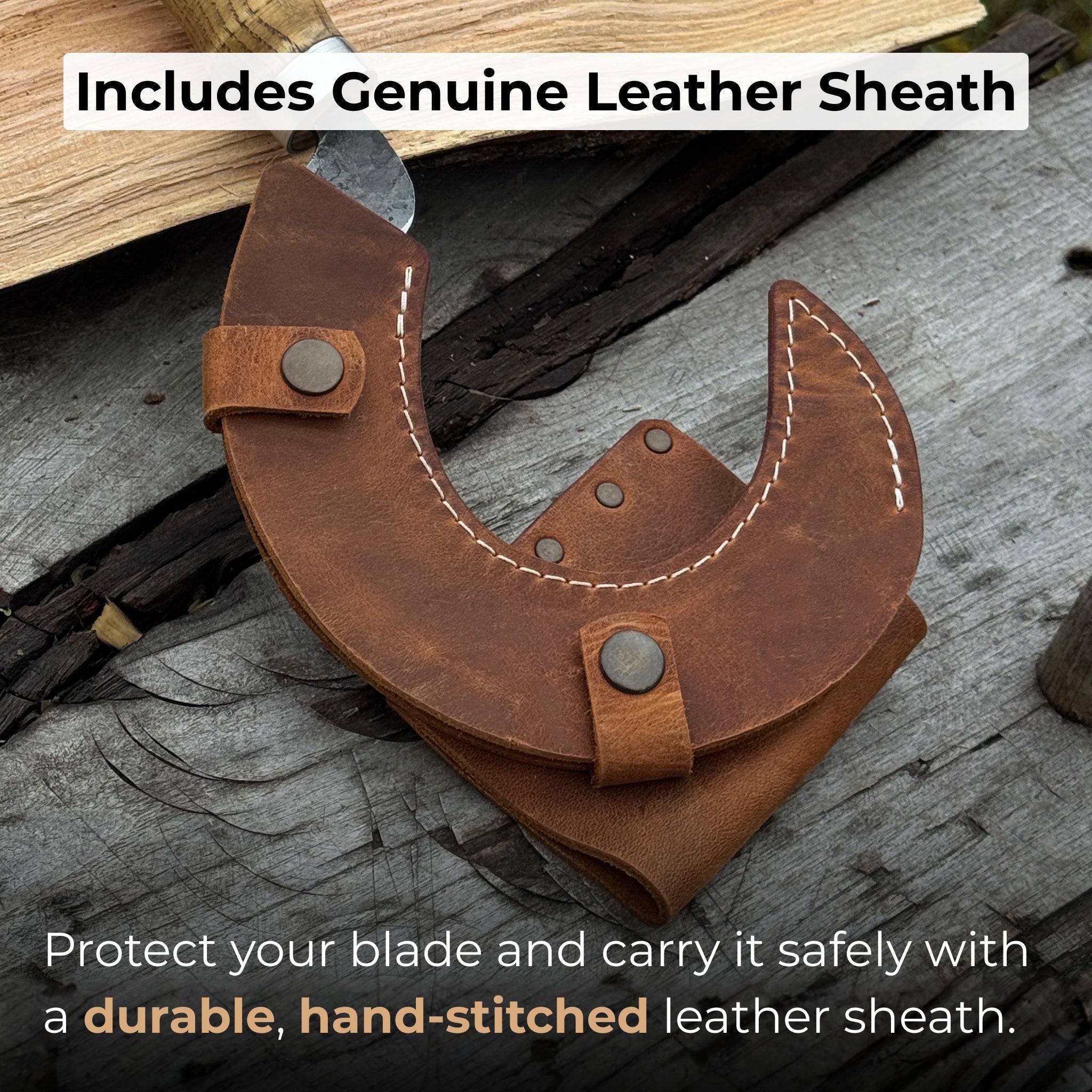 Hand-forged small sickle with 9 cm carbon steel blade and leather belt sheath