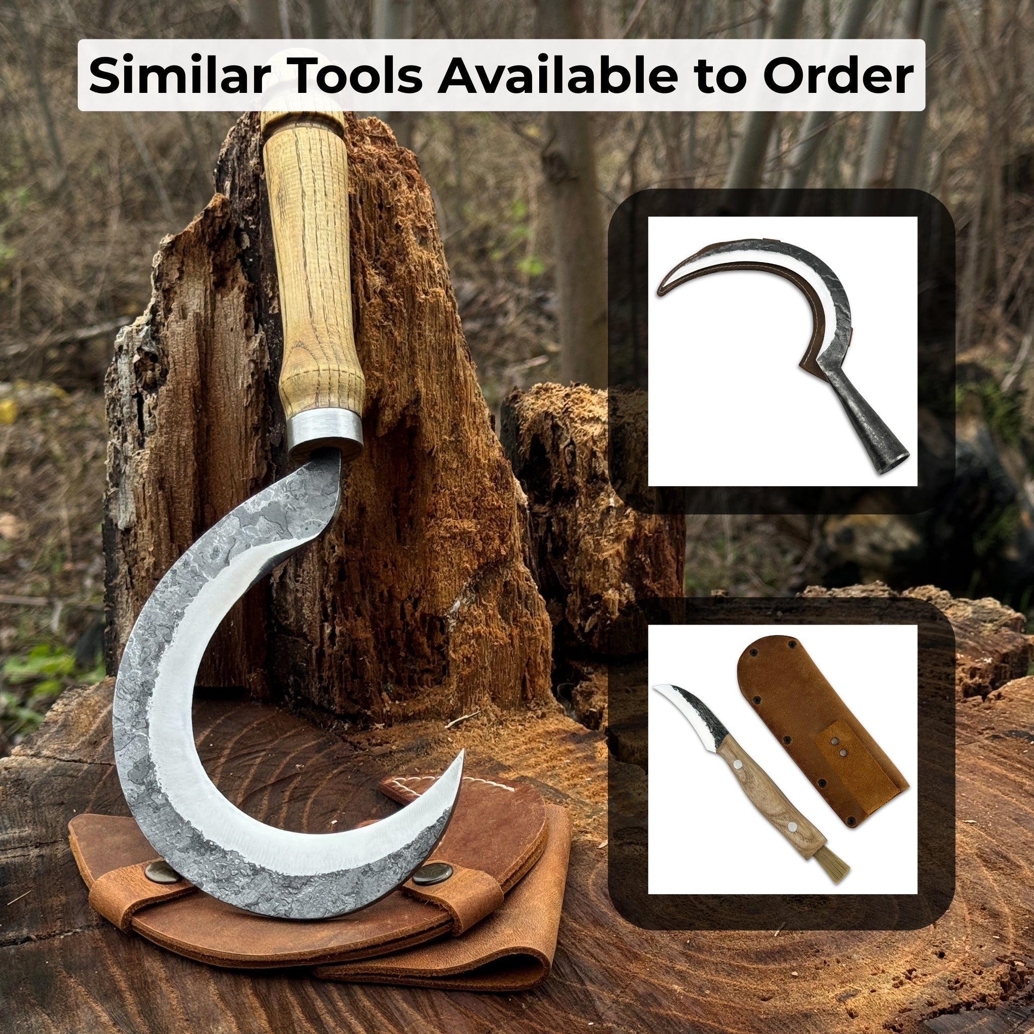 Hand-forged small sickle with 9 cm carbon steel blade and leather belt sheath