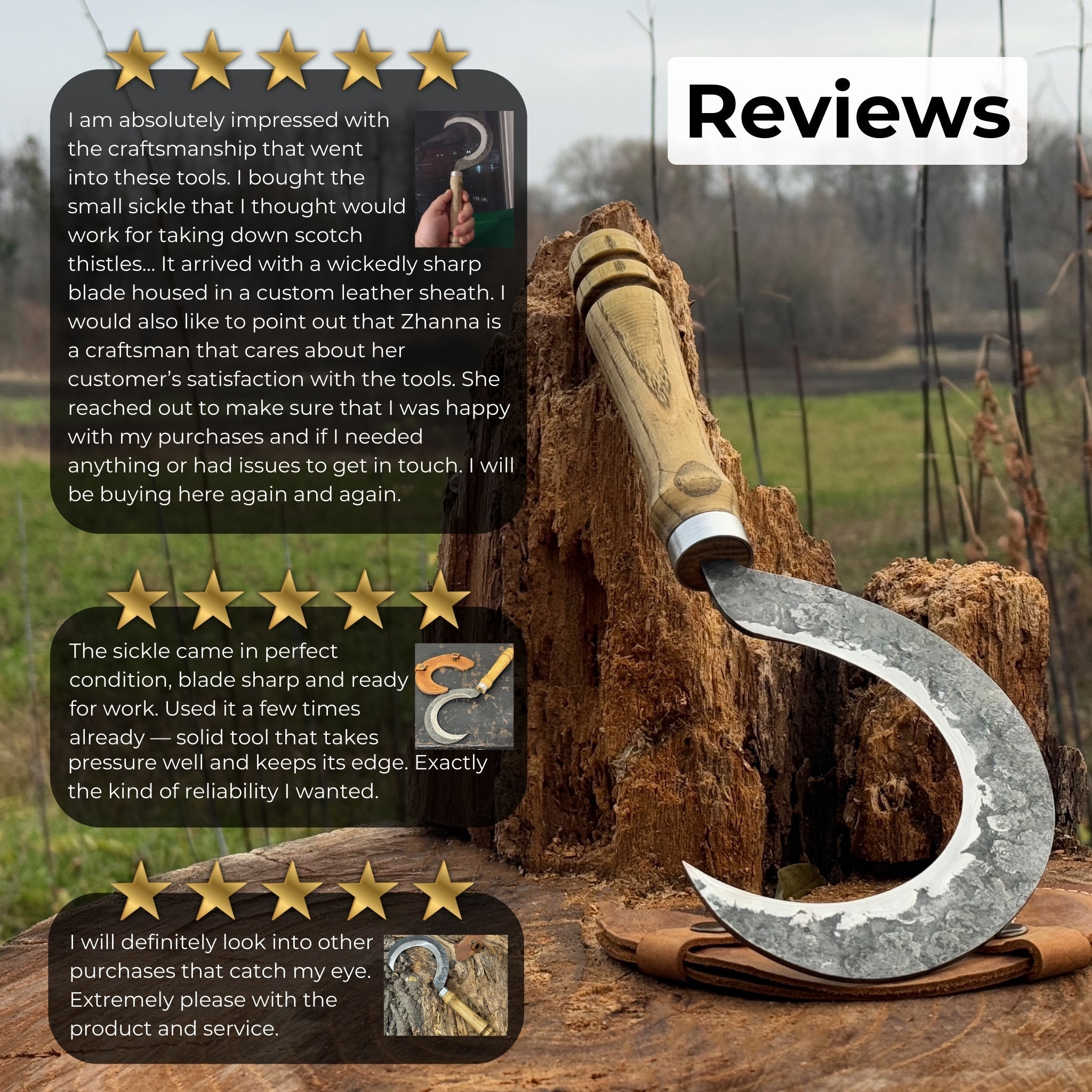 Hand-forged small sickle with 9 cm carbon steel blade and ash wood handle