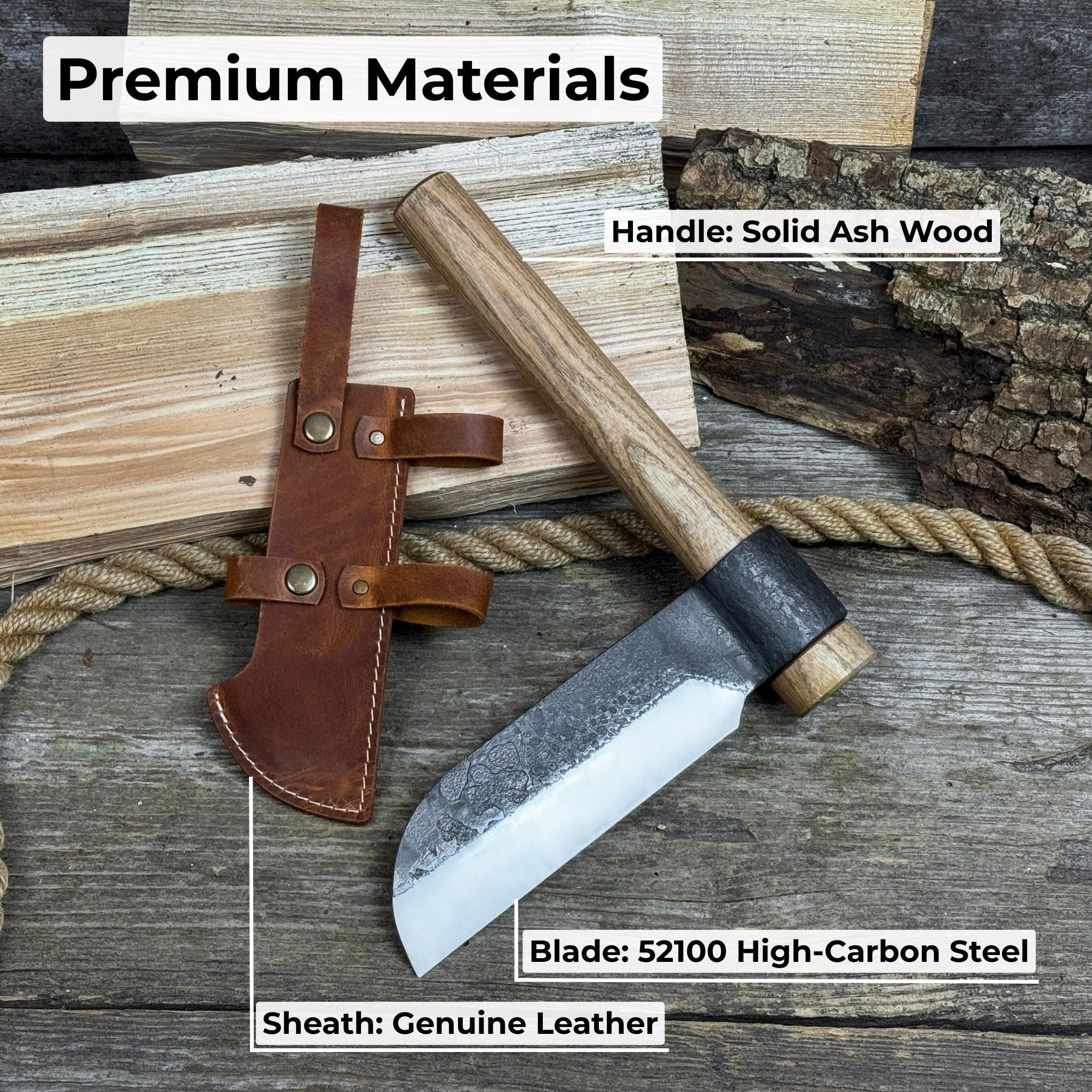 Hand-forged small splitting froe with ash wood handle and leather sheath