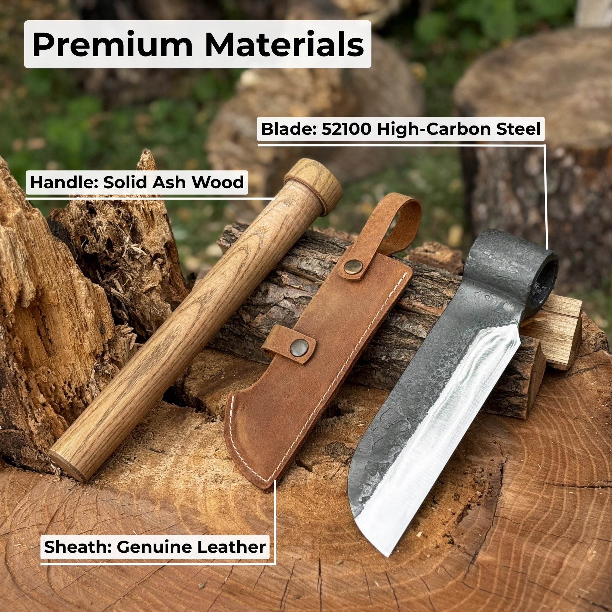 Hand-forged splitting froe with 15.5 cm carbon steel blade and ash wood handle