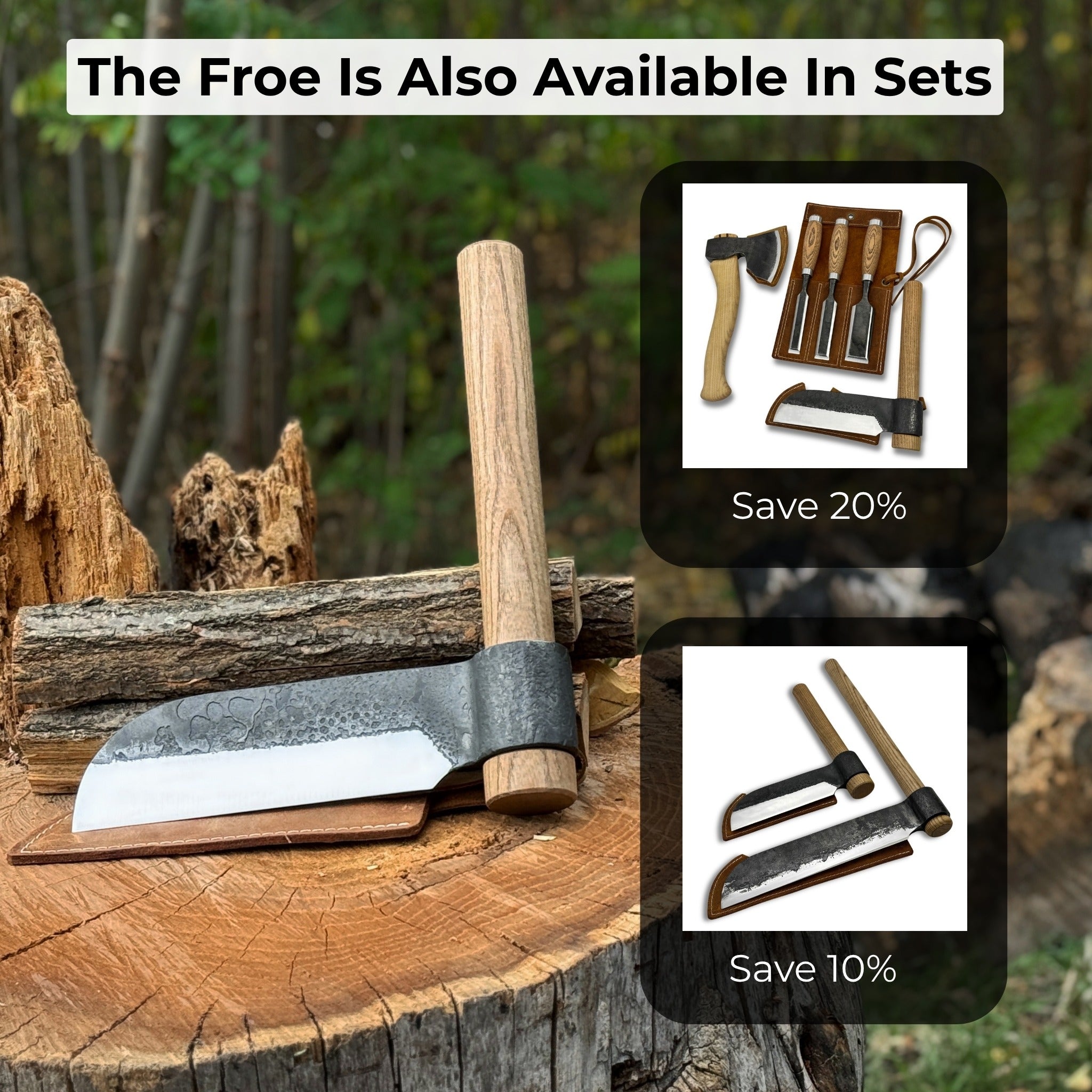 Hand-forged splitting froe with 15.5 cm carbon steel blade and ash wood handle