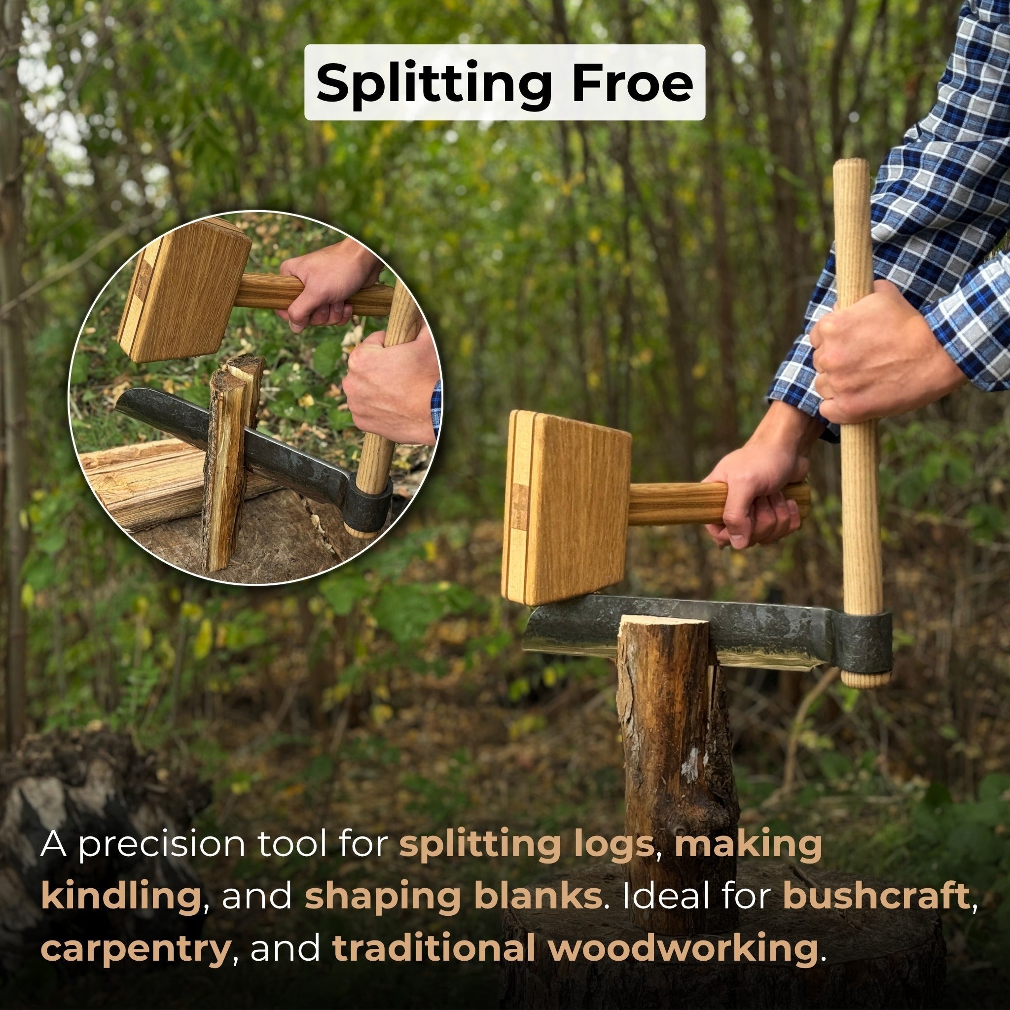 Hand-forged splitting froe with 25.5 cm blade and ash wood handle