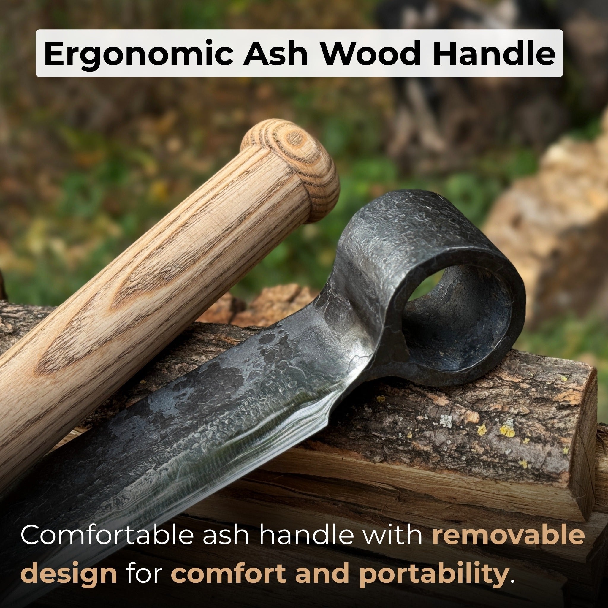 Hand-forged splitting froe with ash wood handle and leather sheath