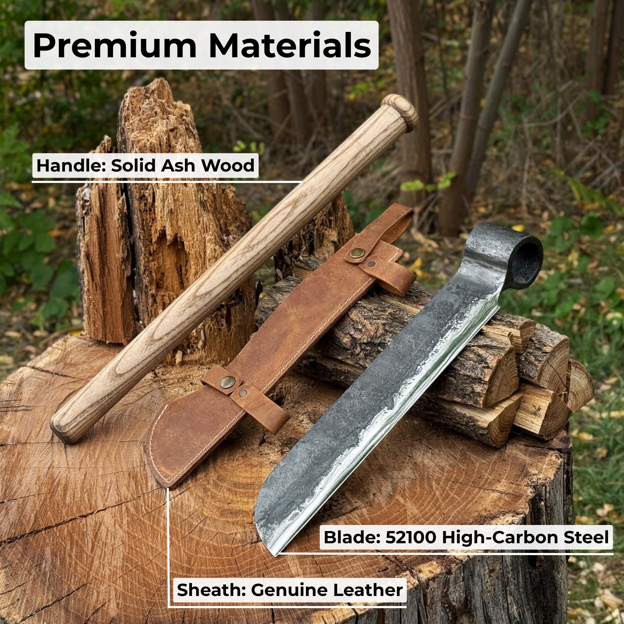 Hand-forged splitting froe with ash wood handle and leather sheath