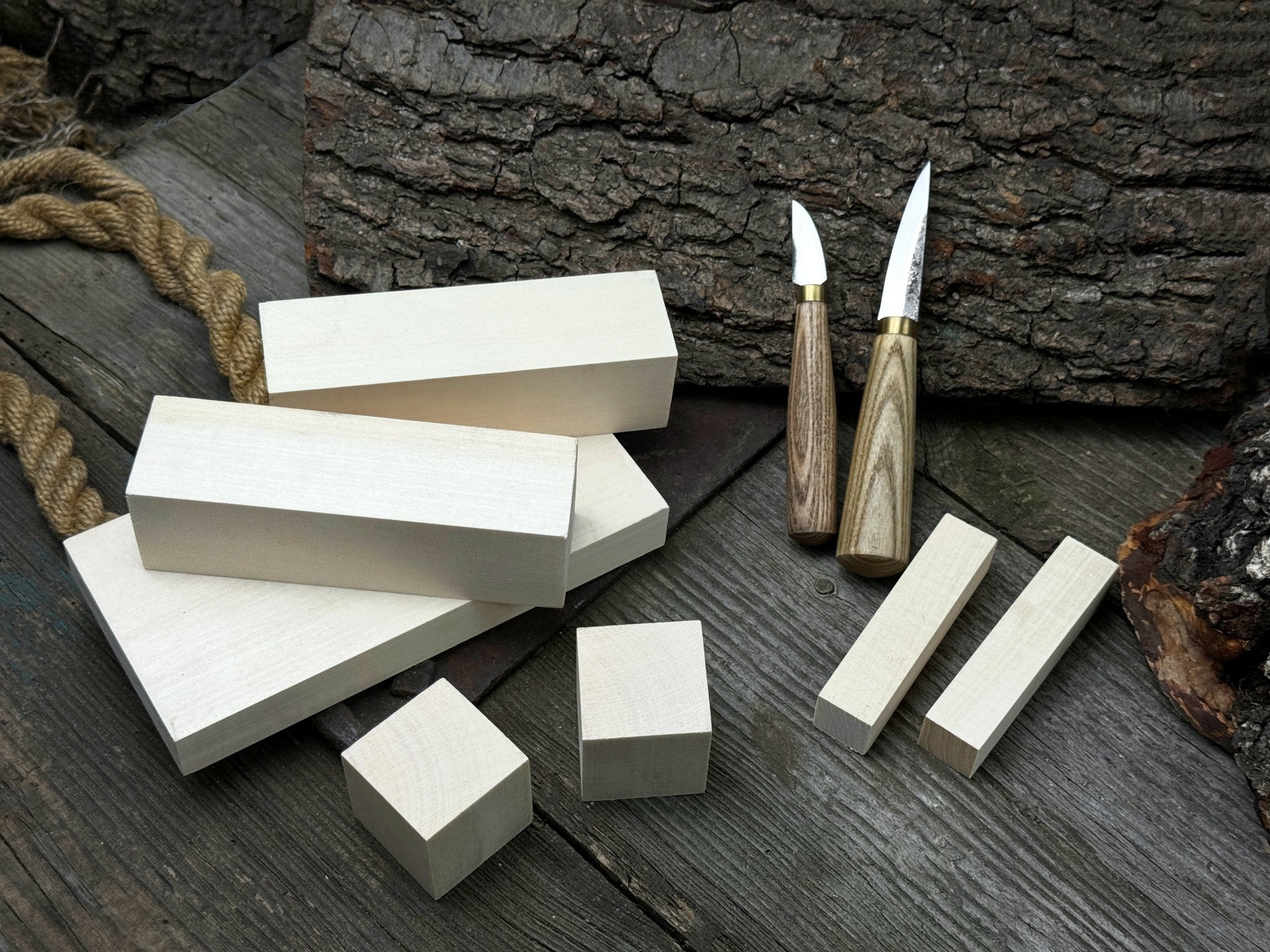 Hand-forged wood carving tool set with two knives and wooden blanks