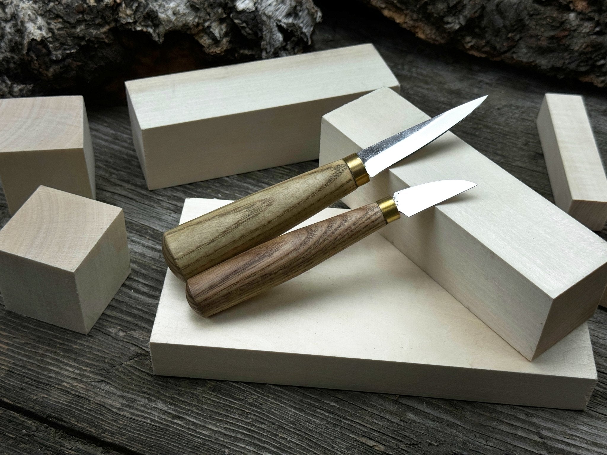 Hand-forged wood carving tool set with two knives and wooden blanks