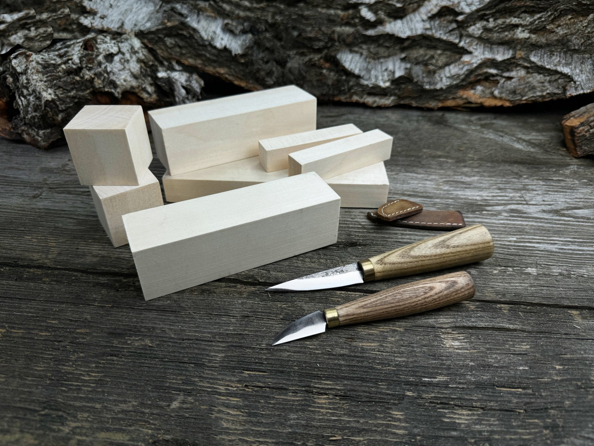 Hand-forged wood carving tool set with two knives and wooden blanks