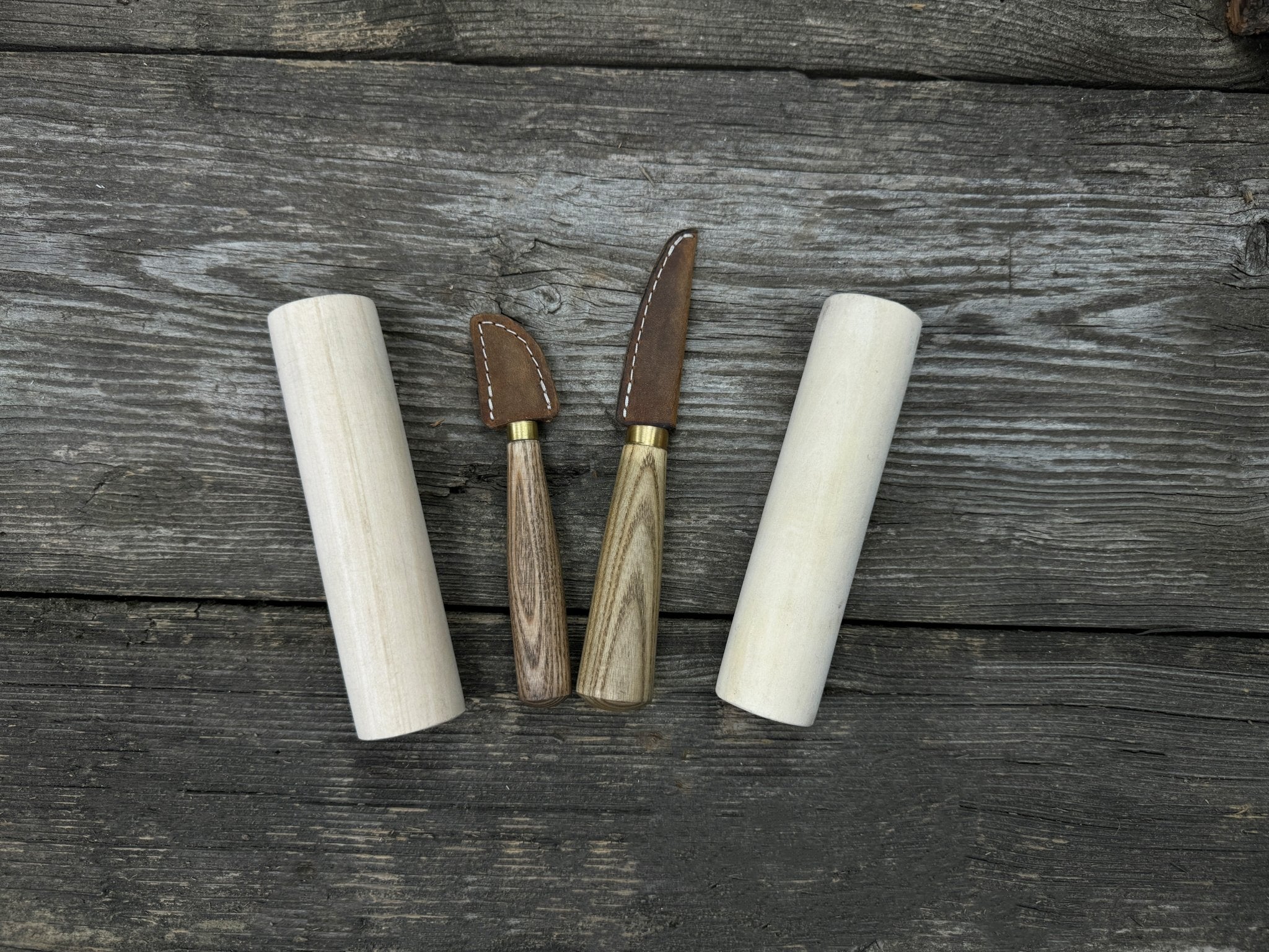 Hand-forged wood carving tool set with two knives and wooden blanks by Sharky Forged Steel Tools