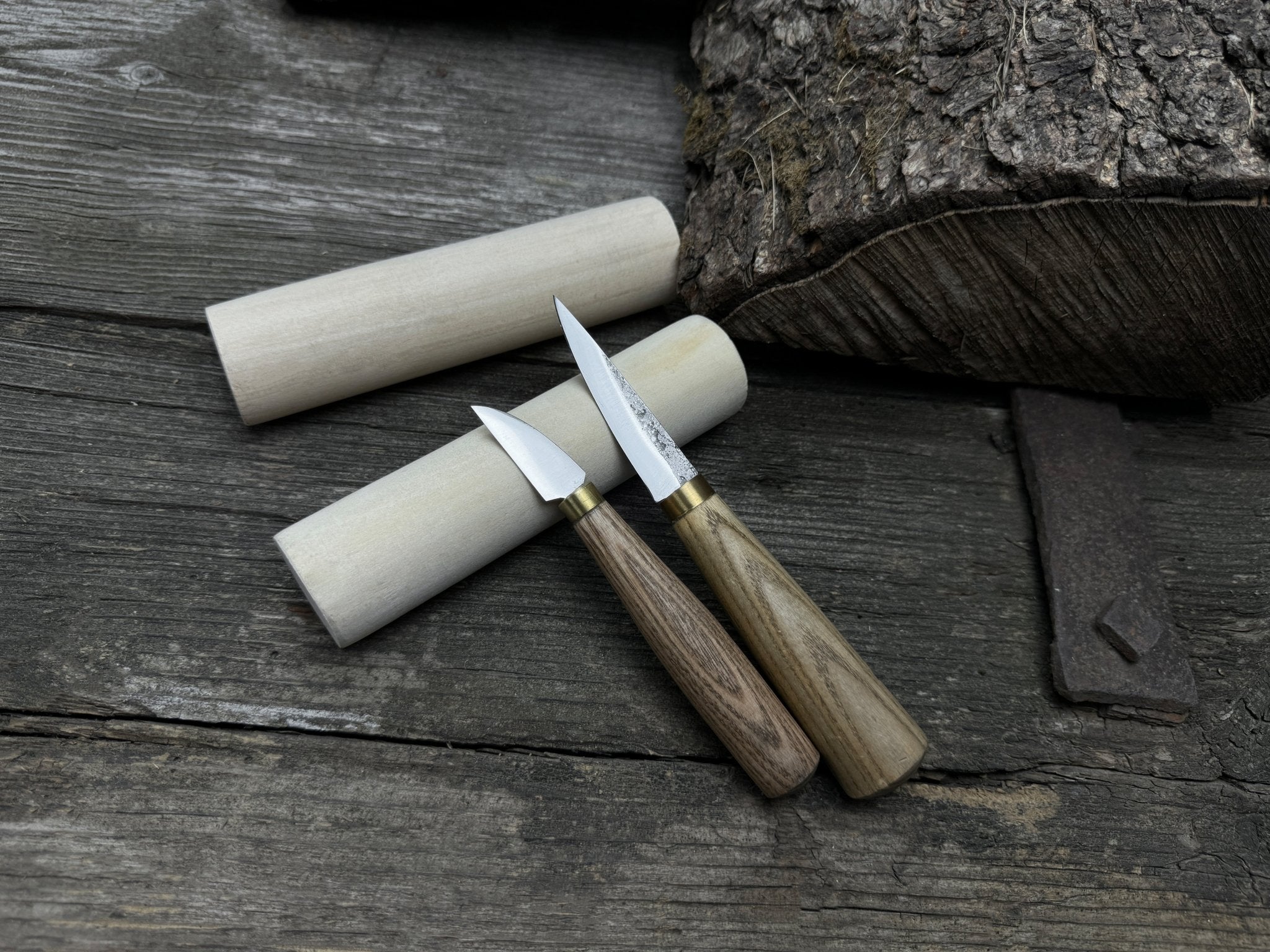 Hand-forged wood carving tool set with two knives and wooden blanks by Sharky Forged Steel Tools