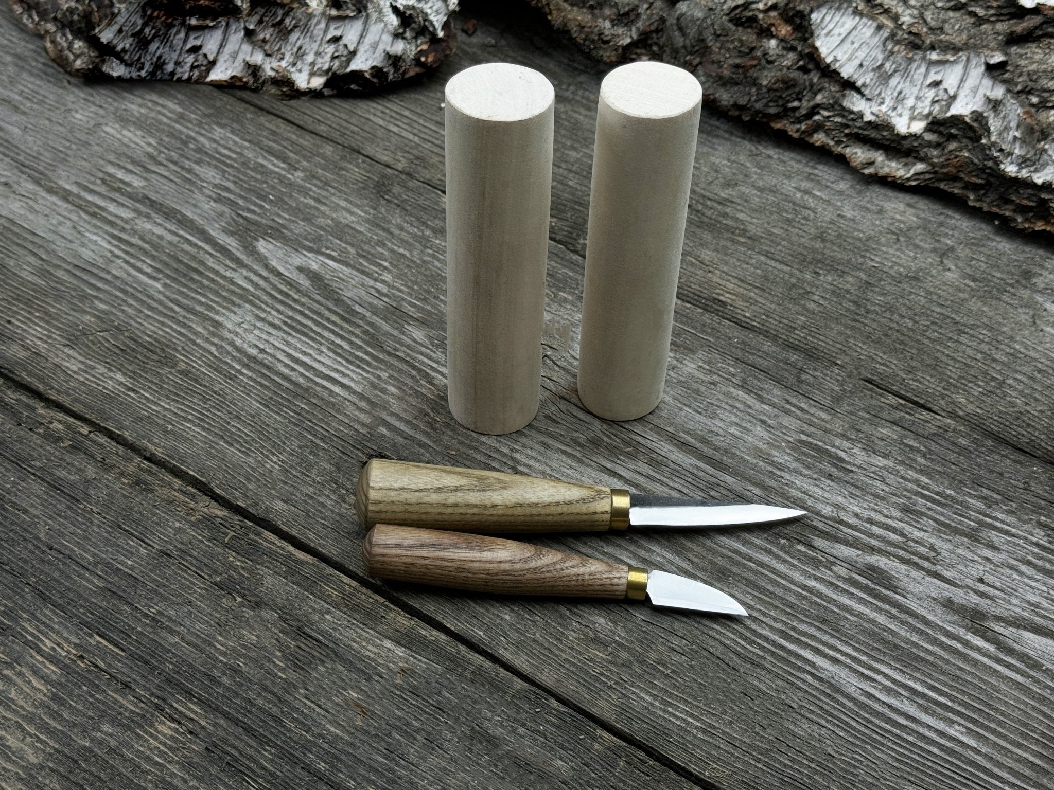 Hand-forged wood carving tool set with two knives and wooden blanks by Sharky Forged Steel Tools