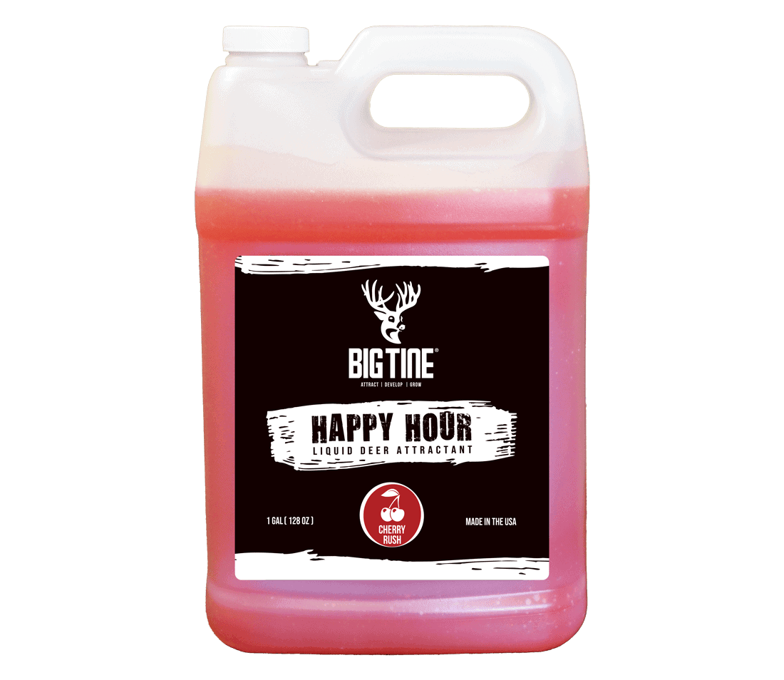 BIG TINE HAPPY HOUR Liquid Mineral Attractant front and back label and bottle photo