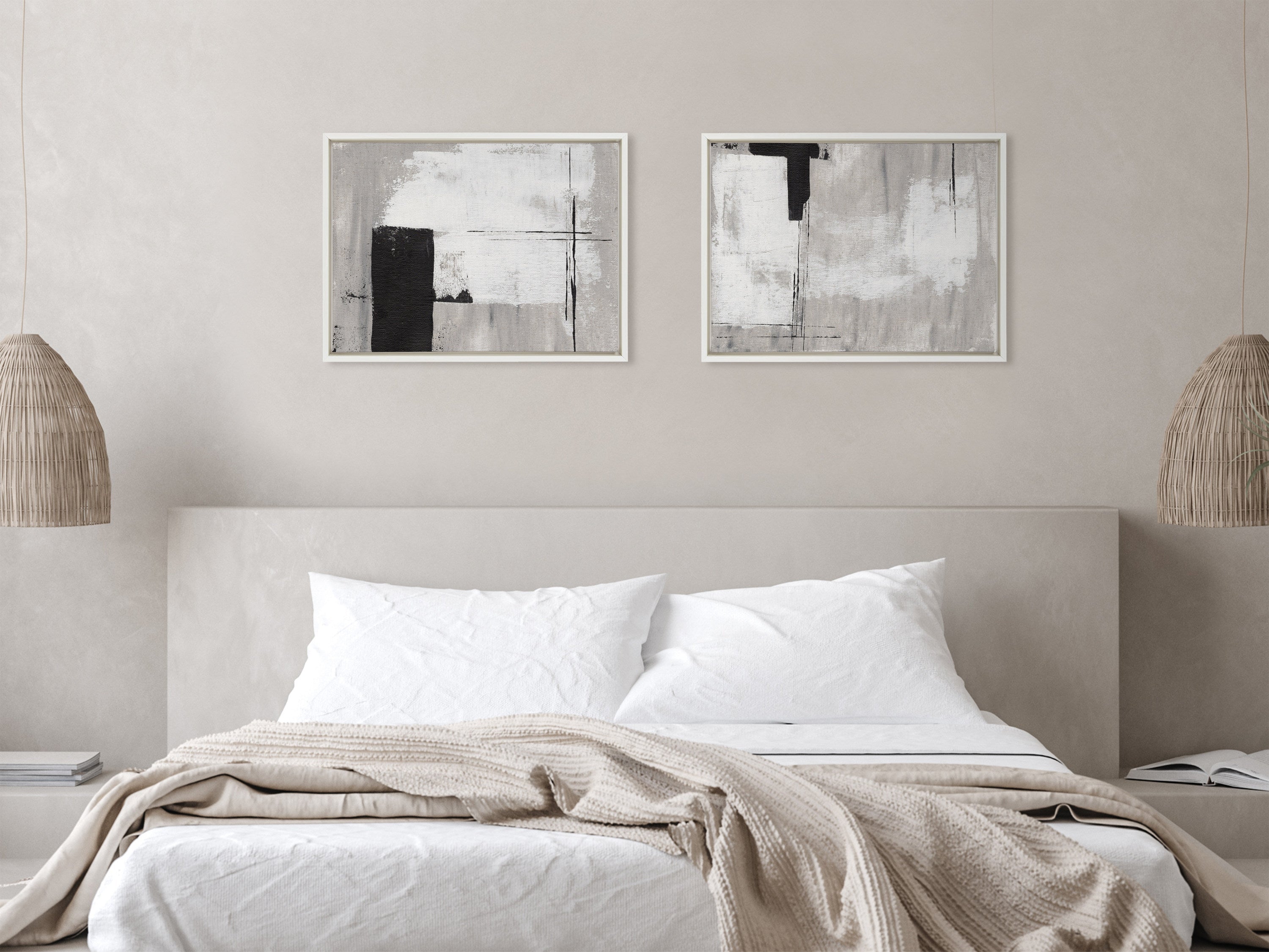 Sylvie Line 1 Left and Right Neutral Linen Framed Canvas Art Set by Nikita Jariwala