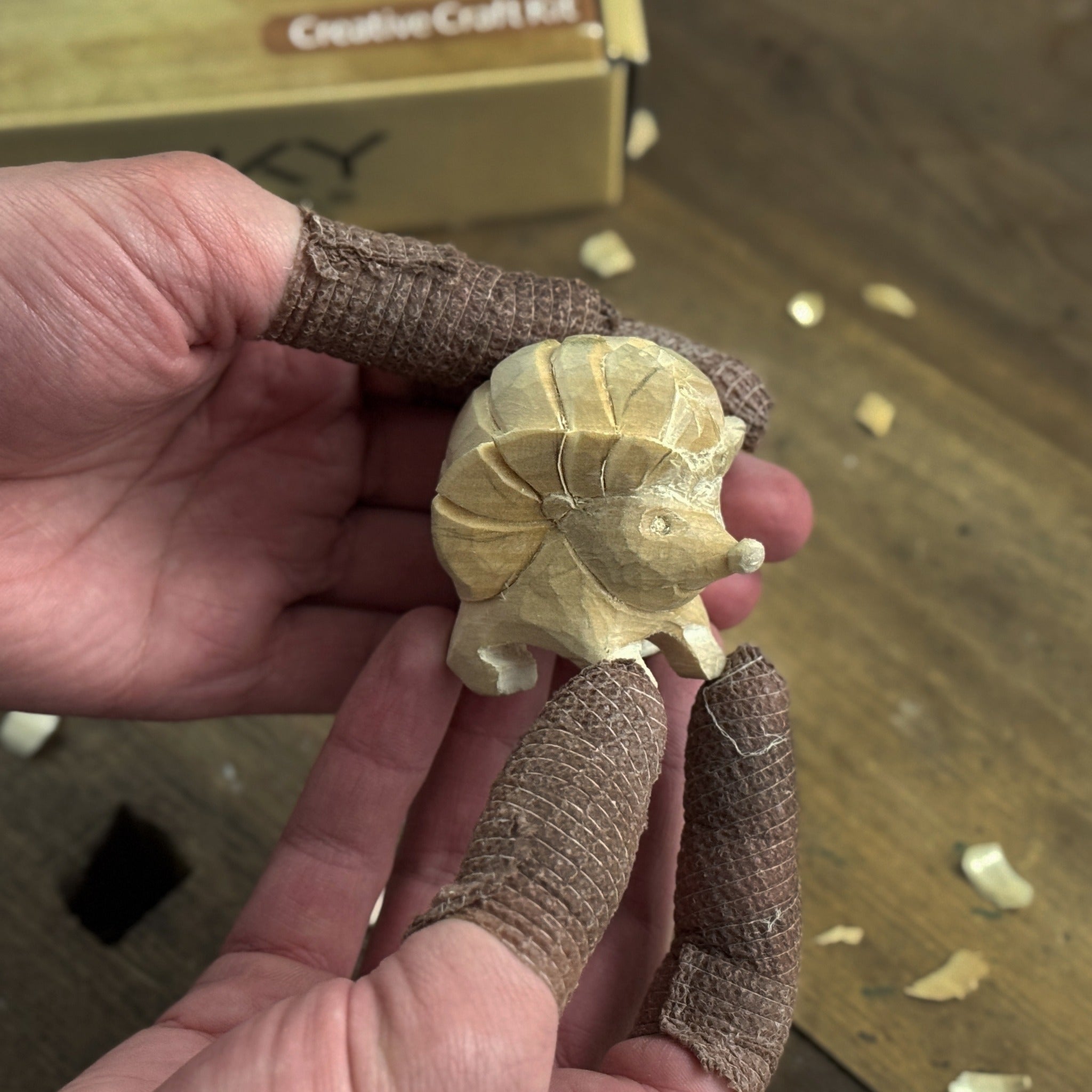 Complete Hedgehog Carving Kit with knife, wooden blocks, sandpaper, sharpening board, pencil, and hedgehog drawing