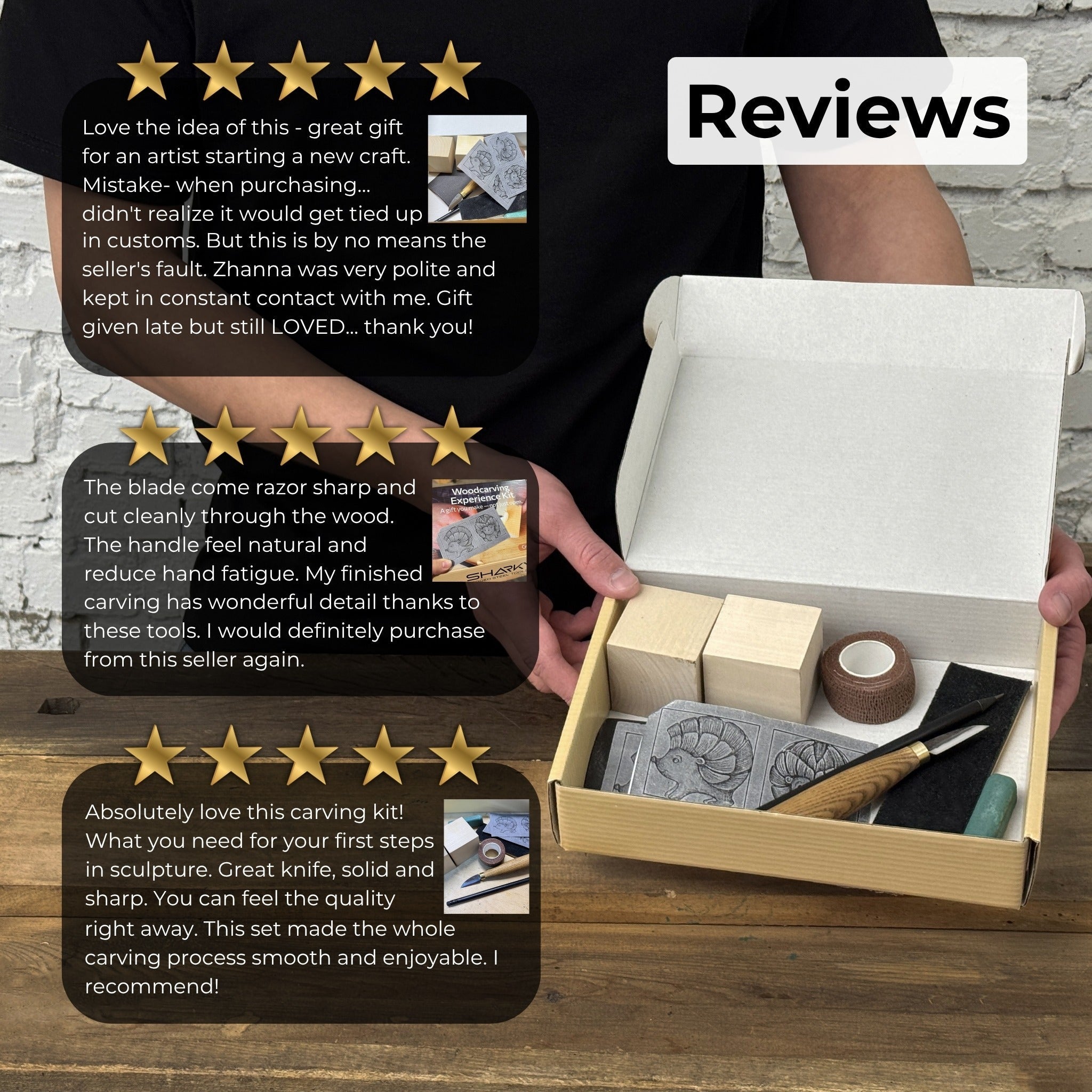 Complete Hedgehog Carving Kit with knife, wooden blocks, sandpaper, sharpening board, pencil, and hedgehog drawing